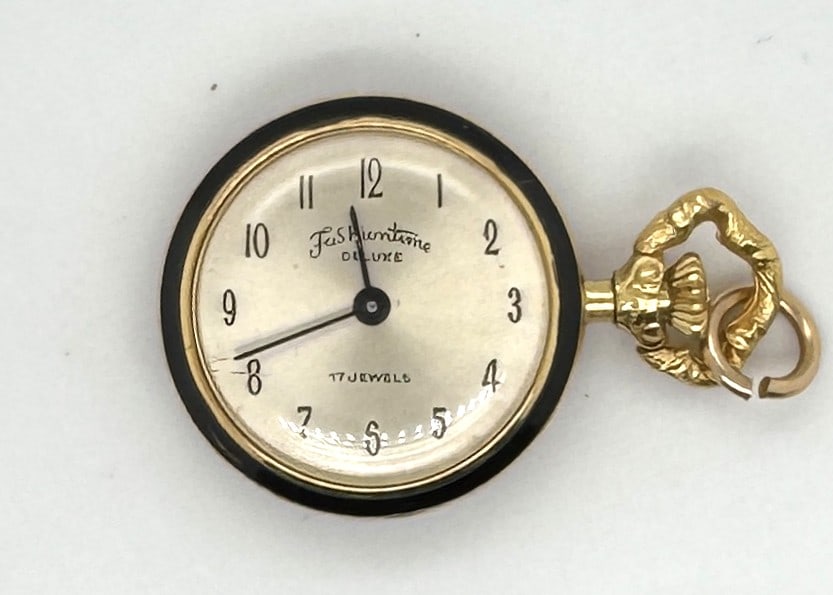 Fashion Time Deluxe Ladies Pocket Watch: Vintage German Fashiontime Delux Pendant Watch – 17 Jewel Mechanical – Black Enamel with Gold Decoration
