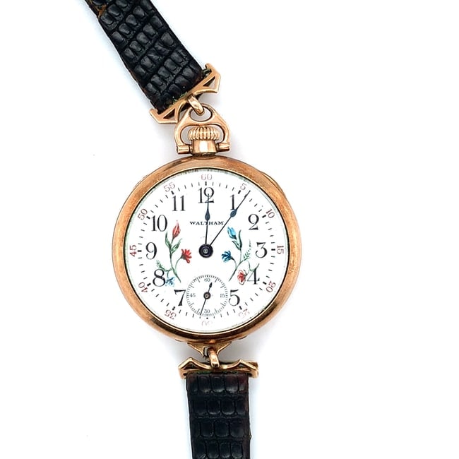 Waltham Painted Floral Dial Converted Pocket Watch Wristwatch – 15 Jewel Mechanical – Gold (1 of 3)
