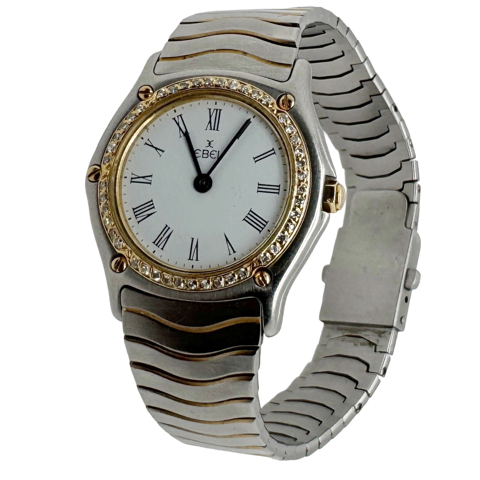 Ladies Ebel Classic Wave Stainless Steel & 18K Gold Diamond Bezel Wristwatch – White Roman Dial: Ebel Classic Wave Stainless Steel & 18K Gold Diamond Bezel Wristwatch – White Roman Dial Brand: Ebel Collection:</