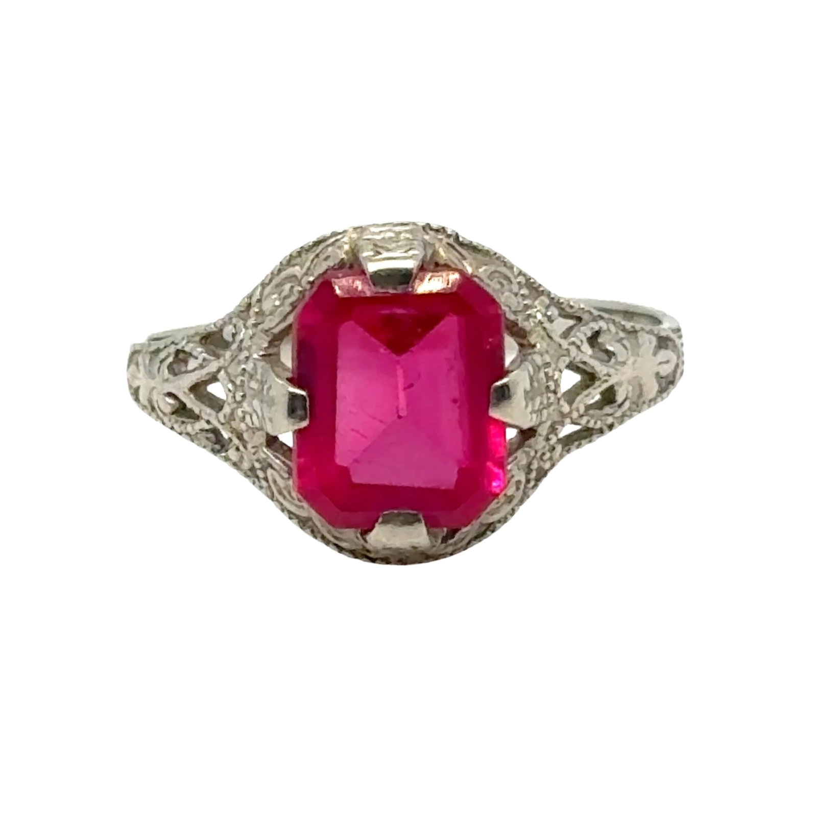 Art Deco 14K Gold Filigree Ring with Synthetic Red Emerald Cut Stone (1 of 4)