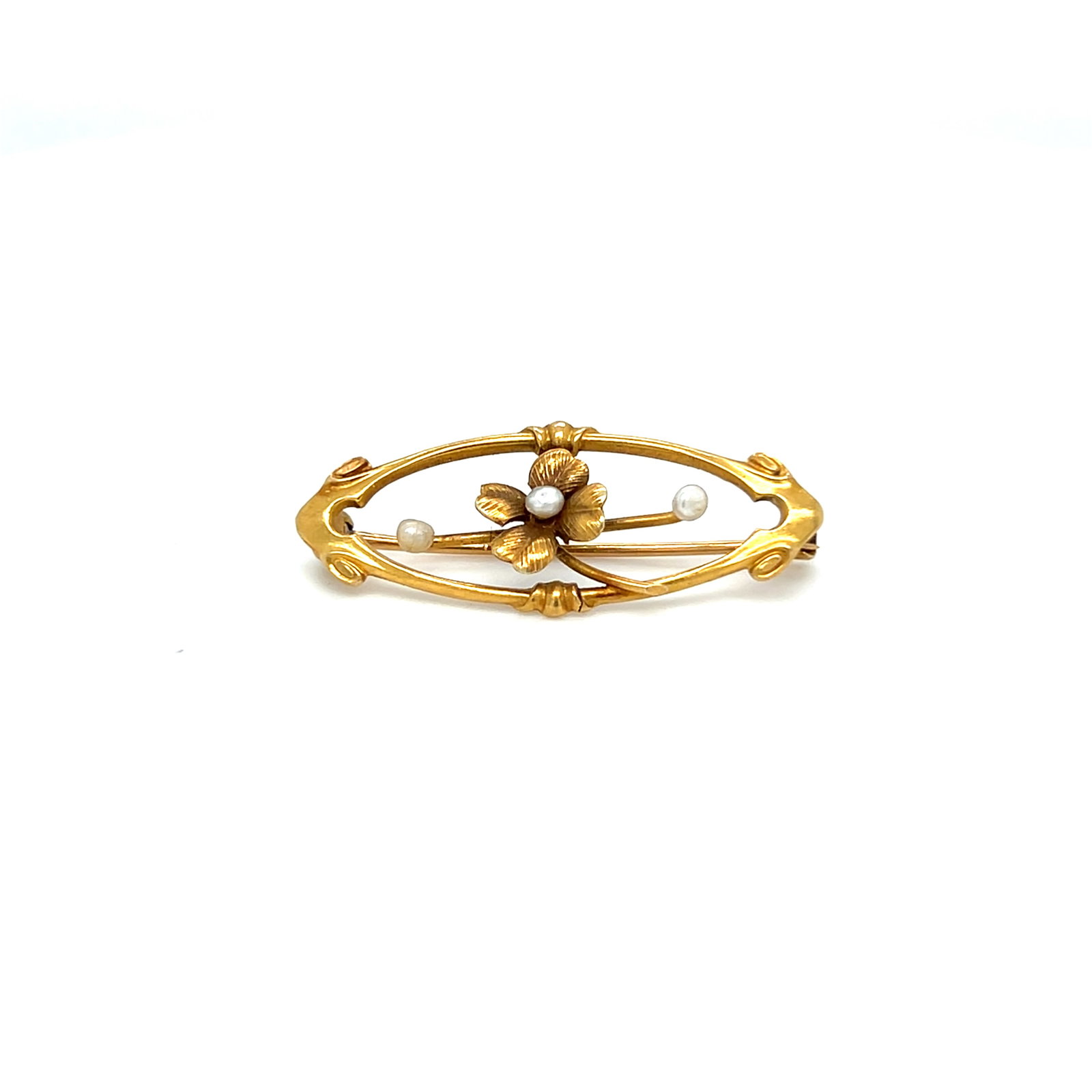 Art Nouveau 14K Yellow Gold Flower Brooch with Three Pearls: Art Nouveau 14K Yellow Gold Flower Brooch with Three Pearls A beautifully crafted Art Nouveau flower brooch in