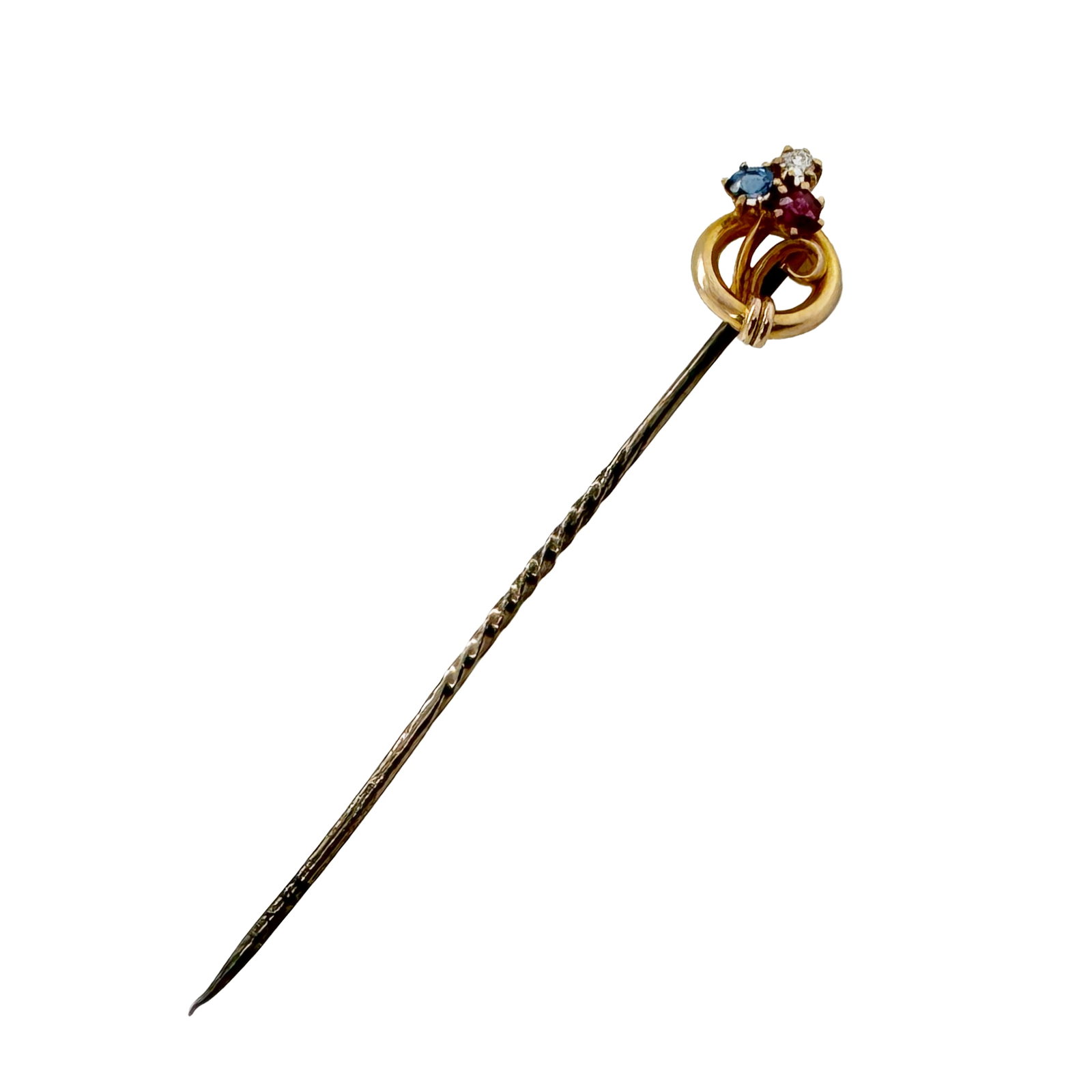 15K Gold Diamond, Ruby, and Sapphire Stick Pin (1 of 3)