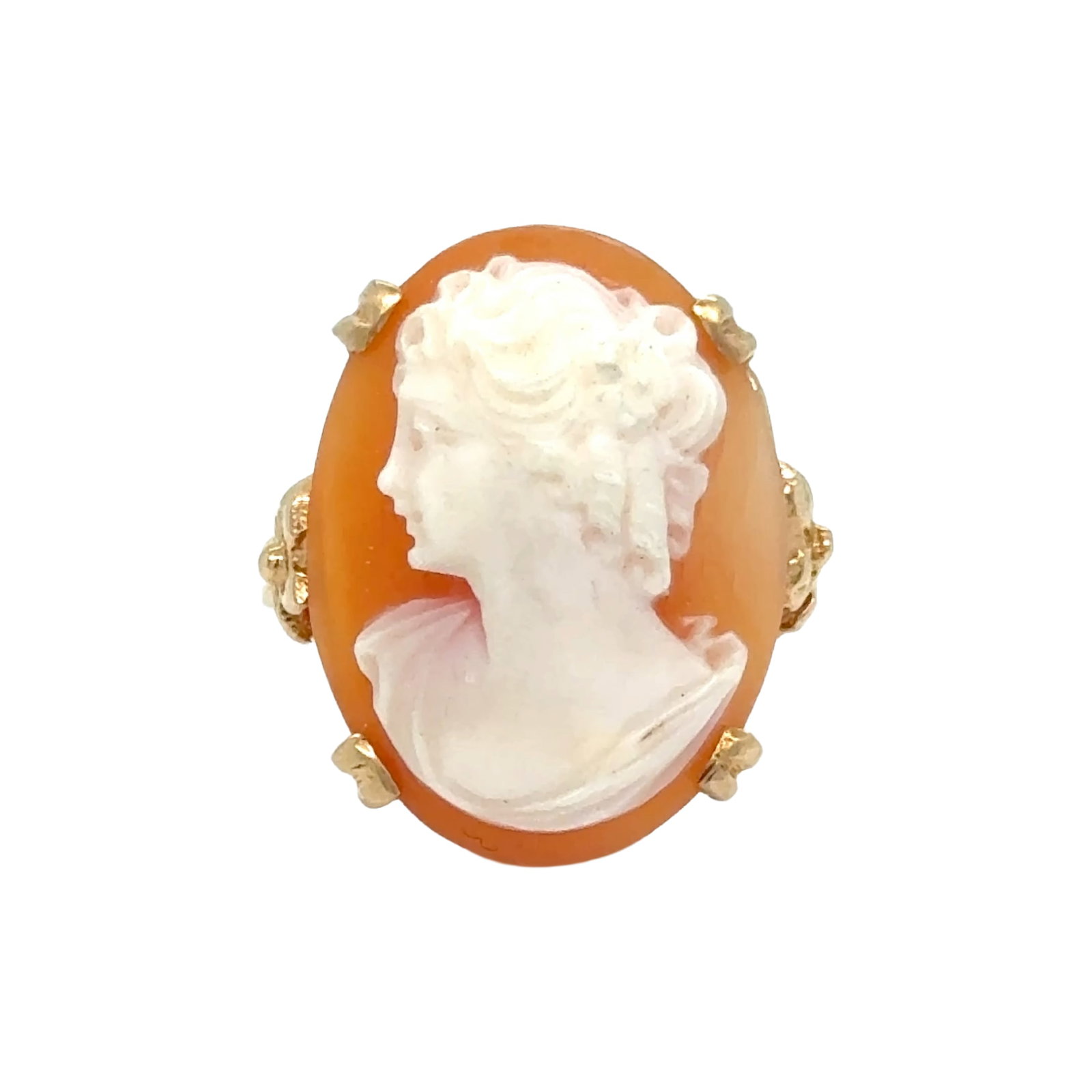 Estate 14k Gold Shell Cameo Ring with Floral Accents: 14k Gold Shell Cameo Ring with Floral Embellishments Description: A beautifully detailed shell cameo ring set in 14k gold, featuring delicate floral embellishments that enhance its vintage charm. The 