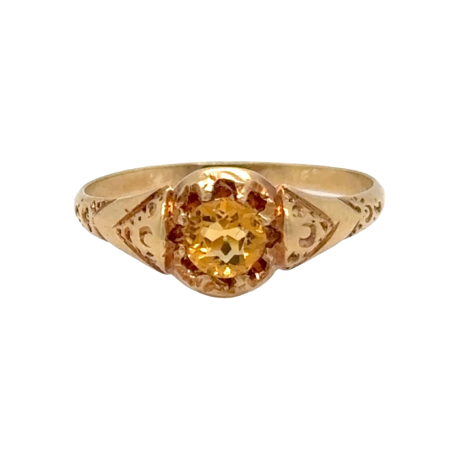 Victorian 18k Yellow Gold Citrine Ring, Engraved Motif: Victorian 18k Yellow Gold Citrine Ring with Engraved Motif Description: A delicate Victorian-era citrine ring crafted in 18k yellow gold, featuring a warm-toned citrine set within an engraved mounting