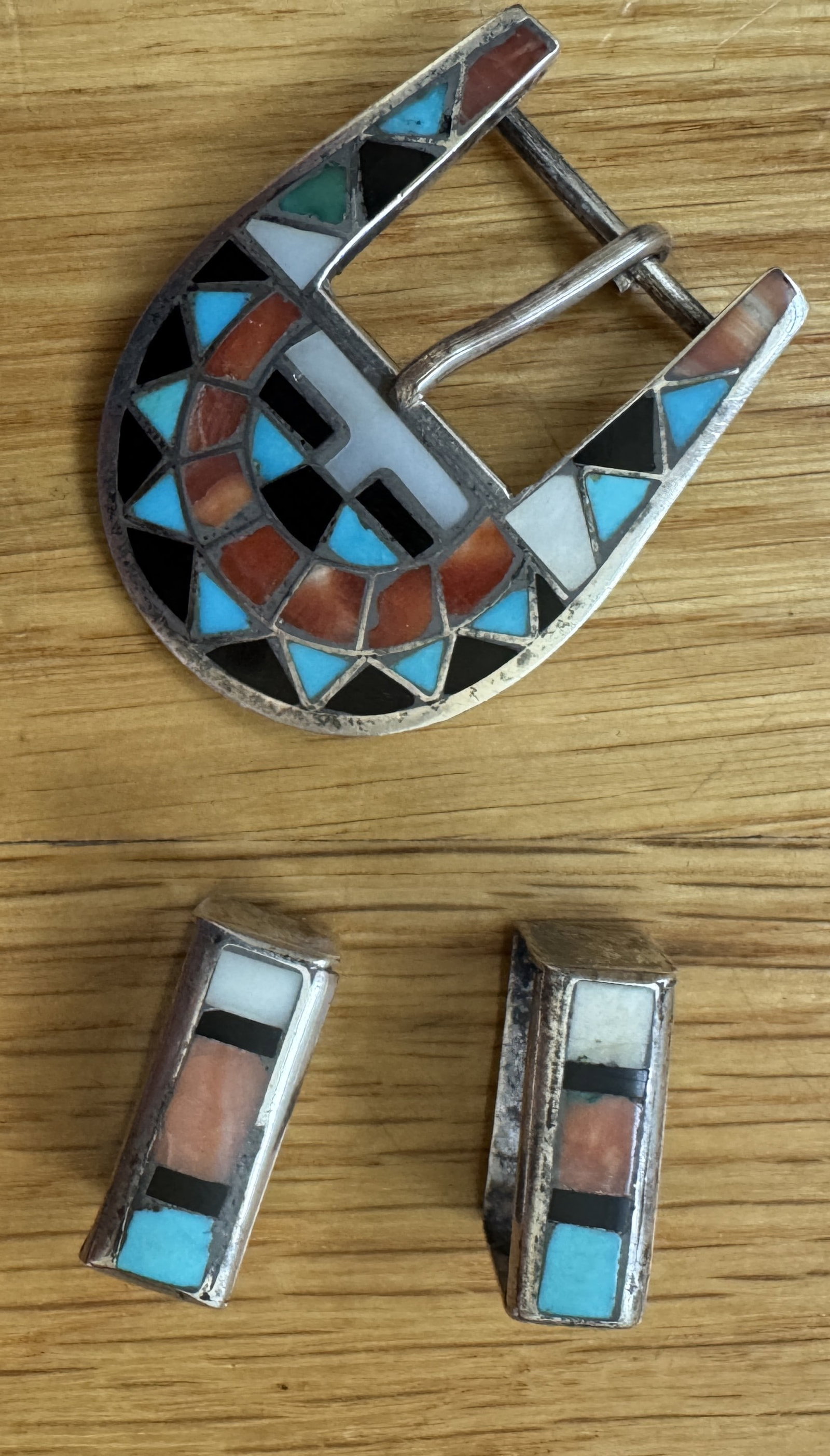 Sterling Silver Native Style Belt Buckle Set With Turquoise, Onyx, Mother of Pearl and Coral Inlay (1 of 4)