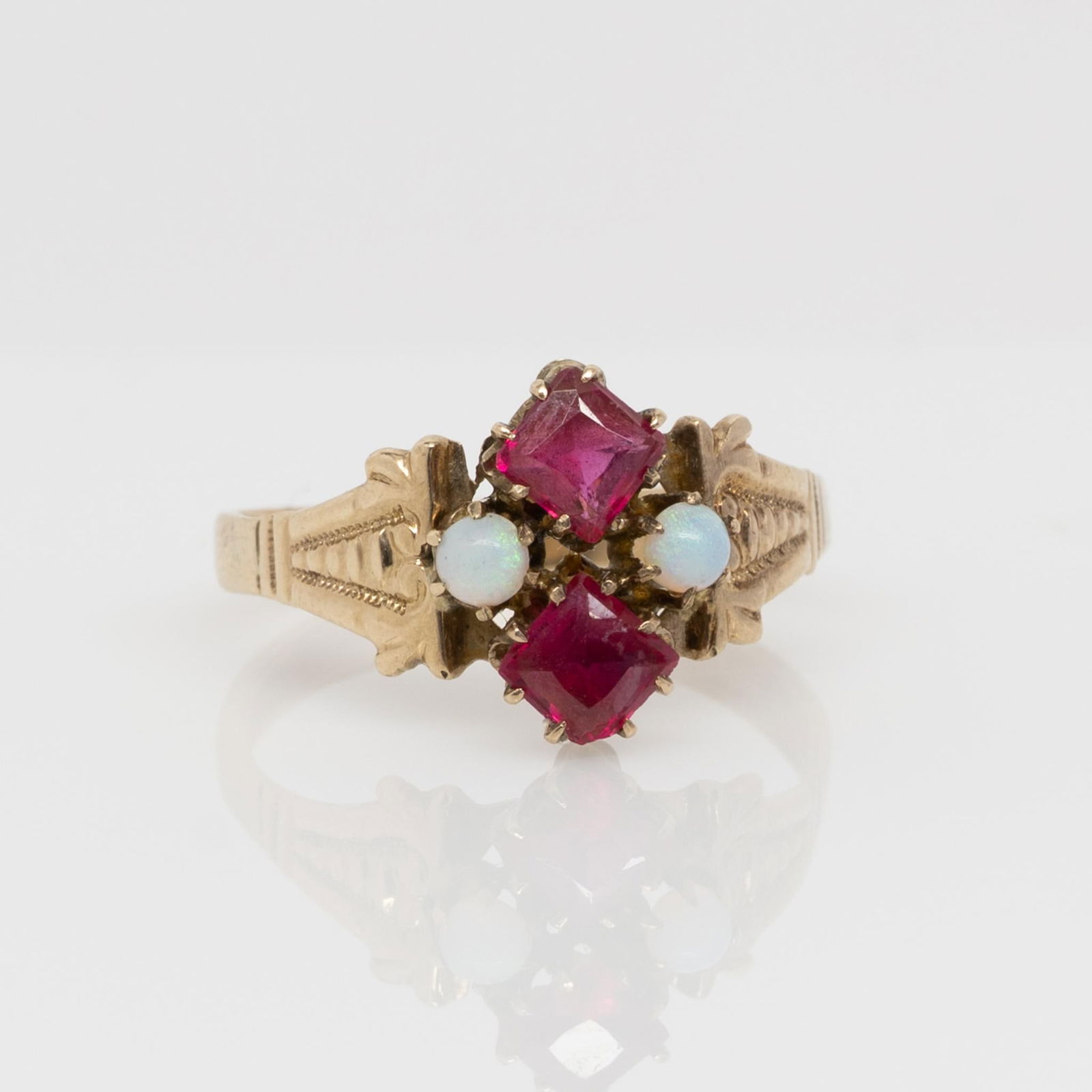 Victorian 14K Gold Ring with Princess-Cut Synthetic Rubies & Opal Accents (1 of 8)