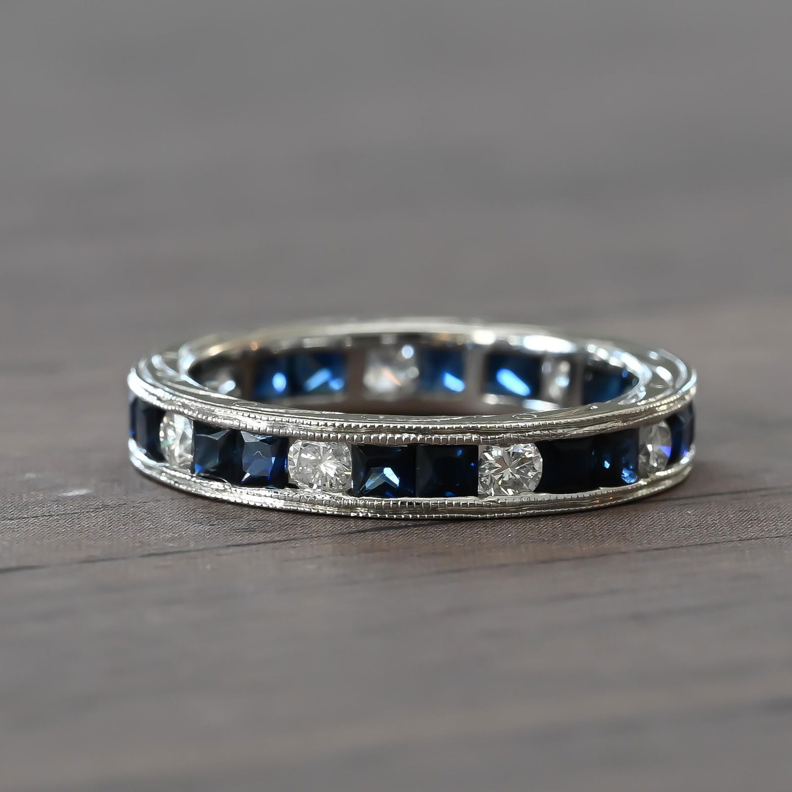 Blue Sapphire & Diamond Eternity Band Engraved 18K White Gold Ring (1 of 7)