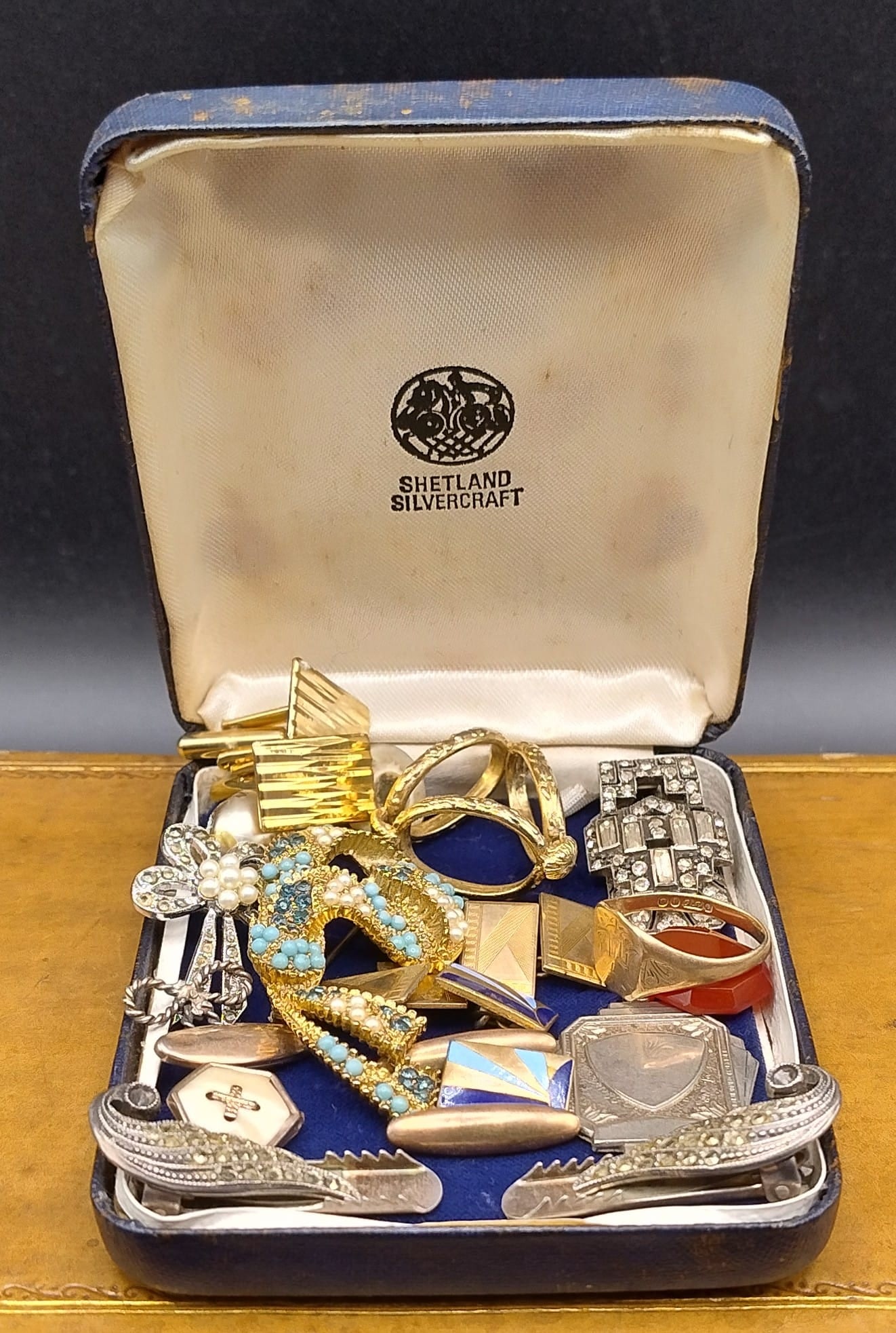 Collection of costume, silver jewellery with 9ct Gold Ring: Box with variety of costume, silver & gold jewellery NR