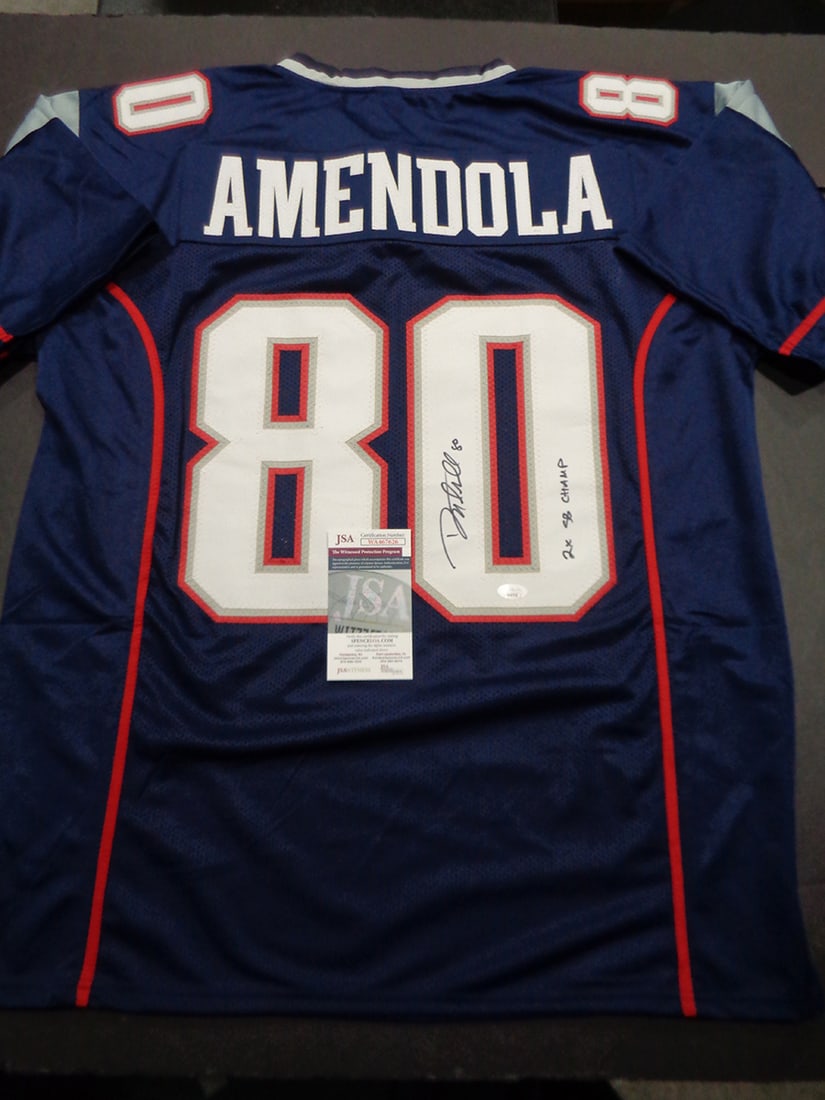 Danny Amendola New England Patriots Autographed & Insc Custom Football Jersey coa: Danny Amendola New England Patriots Autographed & Inscribed Custom Football Style Jersey JSA Witnessed coa - Autograph Location & coa # may vary JERSEY SIZE EXTRA LARGE - CUSTOM JERSEY MEANS NO LOGOS,