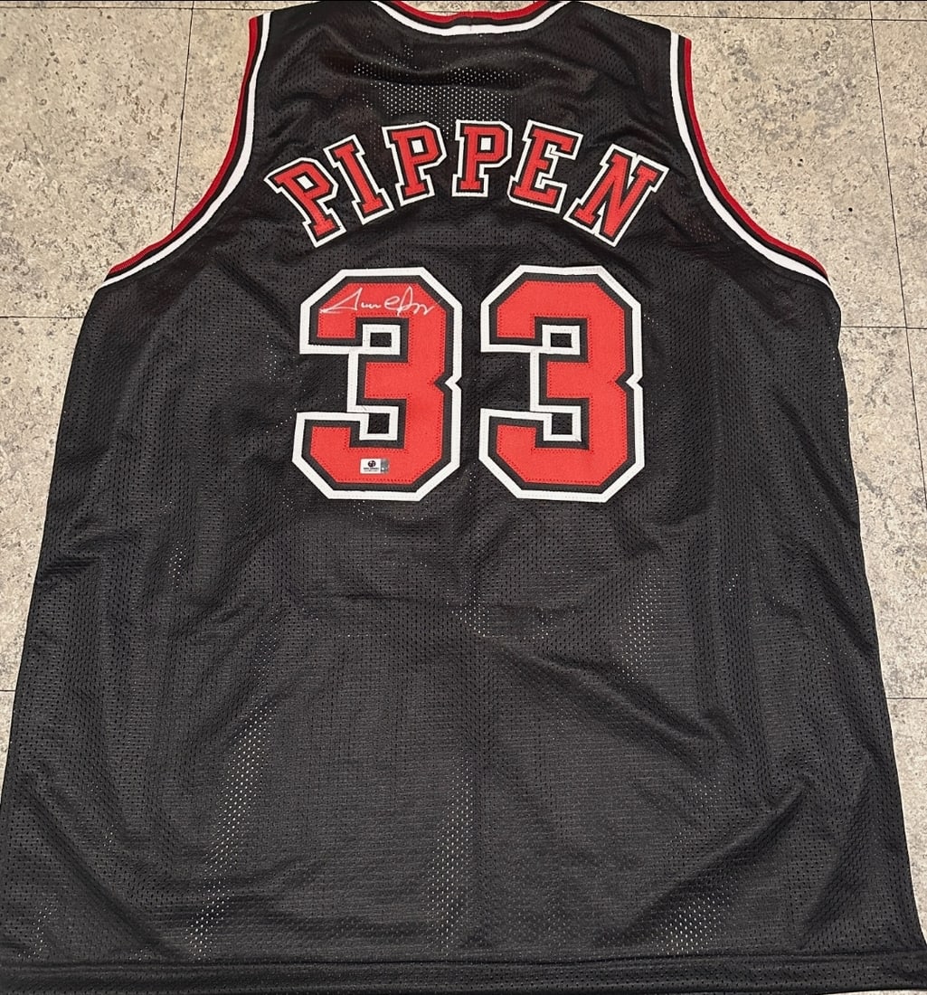 Scottie Pippen Chicago Bulls Autographed Custom Basketball Jersey coa: Scottie Pippen Chicago Bulls Autographed Custom Basketball Jersey GA coa - Autograph Location & coa # may vary JERSEY SIZE EXTRA LARGE - CUSTOM JERSEY MEANS NO LOGOS, NO TEAM NAMES, & NO BRAND NAMES