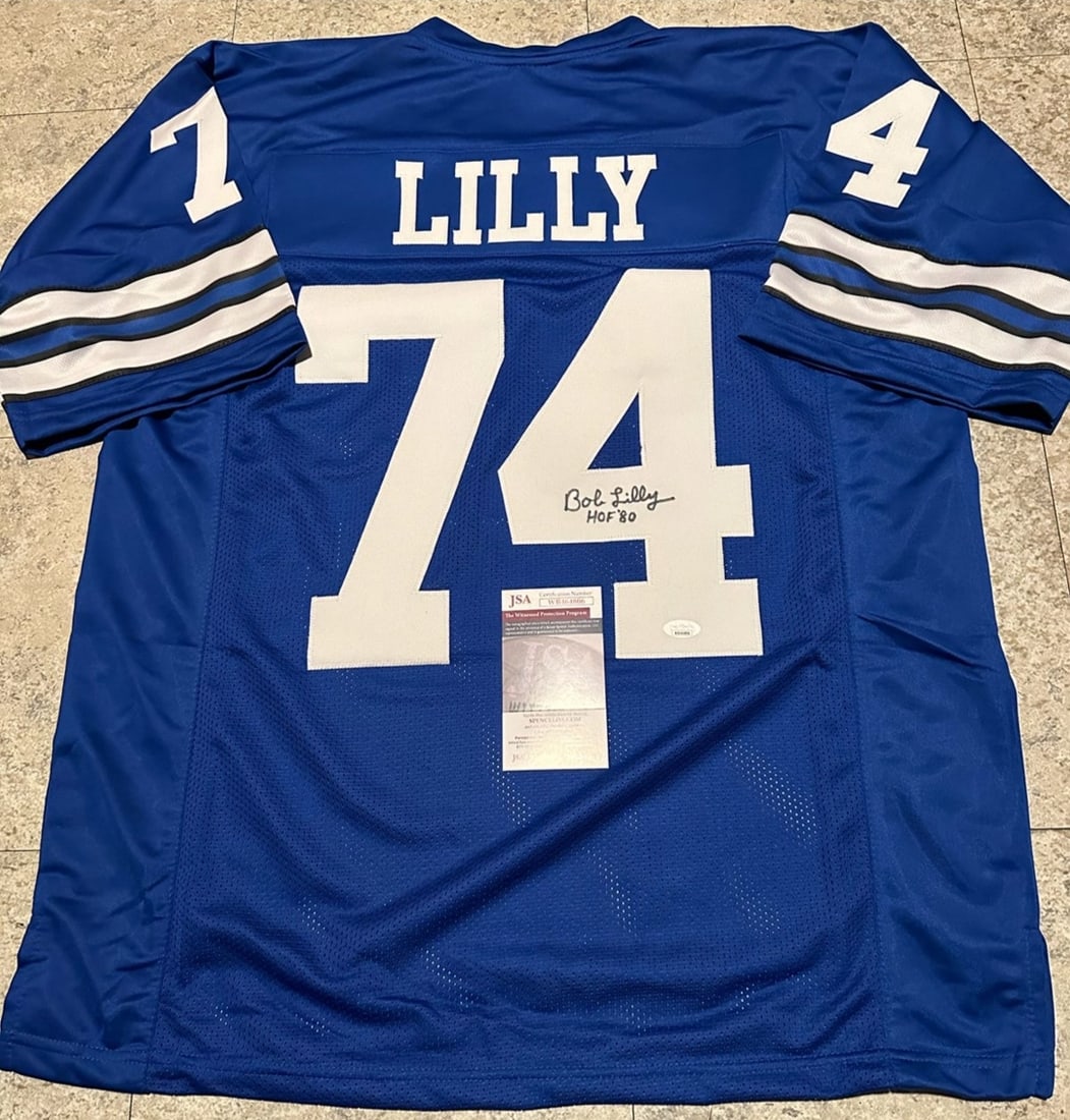 Bob Lilly Dallas Cowboys Autographed Custom Football Jersey coa: Bob Lilly Dallas Cowboys Autographed Custom Football Style Jersey JSA Witnessed coa - Autograph Location & coa # may vary JERSEY SIZE EXTRA LARGE - CUSTOM JERSEY MEANS NO LOGOS, NO TEAM NAMES, & NO BR