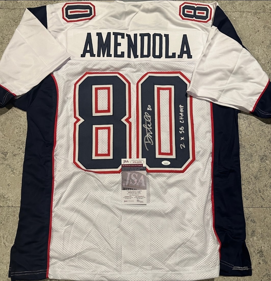 Danny Amendola New England Patriots Autographed & Insc Custom Football Jersey coa: Danny Amendola New England Patriots Autographed & Inscribed Custom Football Style Jersey JSA Witnessed coa - Autograph Location & coa # may vary JERSEY SIZE EXTRA LARGE - CUSTOM JERSEY MEANS NO LOGOS,