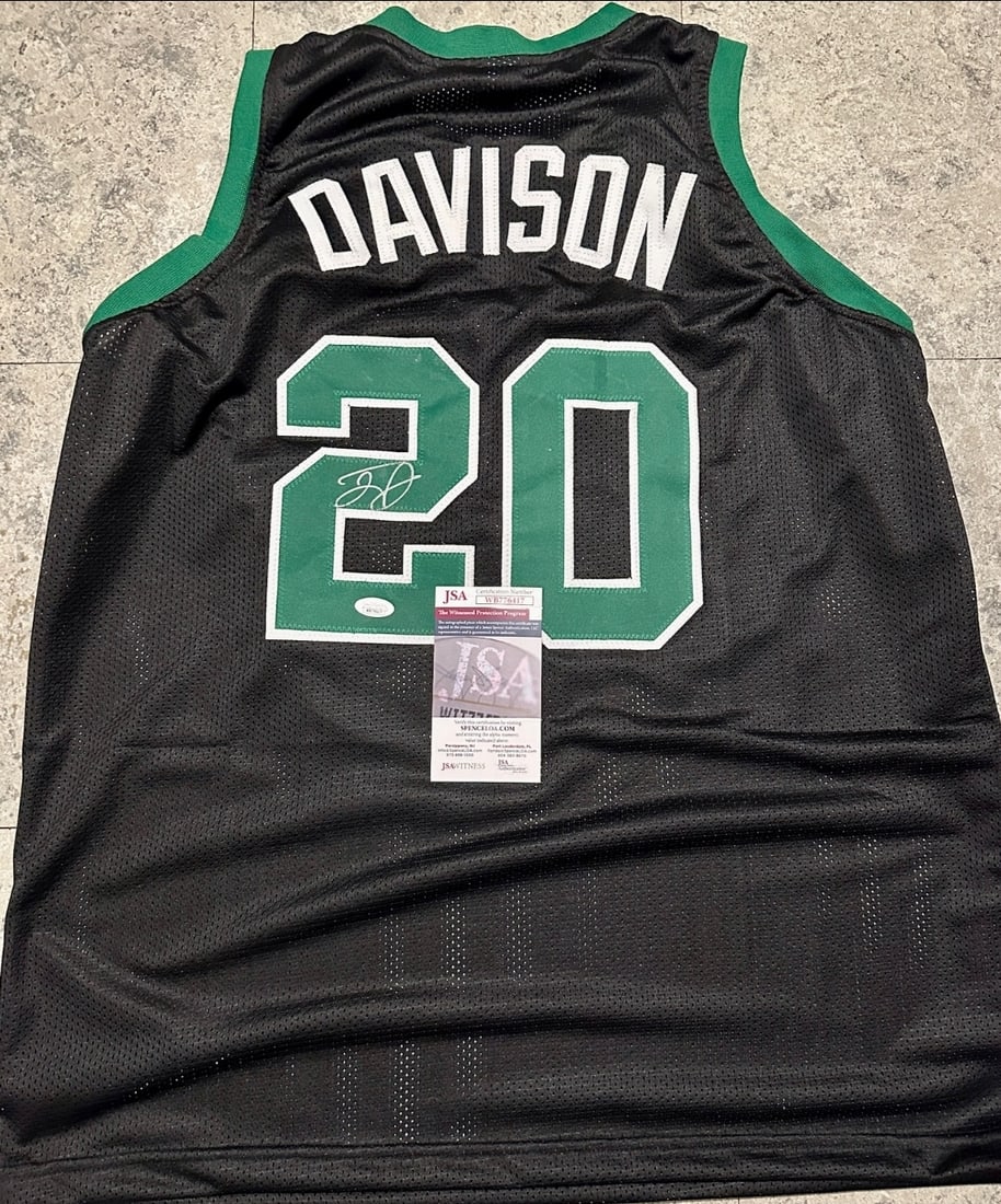 J.D. Davison Boston Celtics Autographed Custom Basketball Jersey coa: J.D. Davison Boston Celtics Autographed Custom Basketball Jersey JSA Witnessed coa - Autograph Location & coa # may vary JERSEY SIZE EXTRA LARGE - CUSTOM JERSEY MEANS NO LOGOS, NO TEAM NAMES, & NO BRA