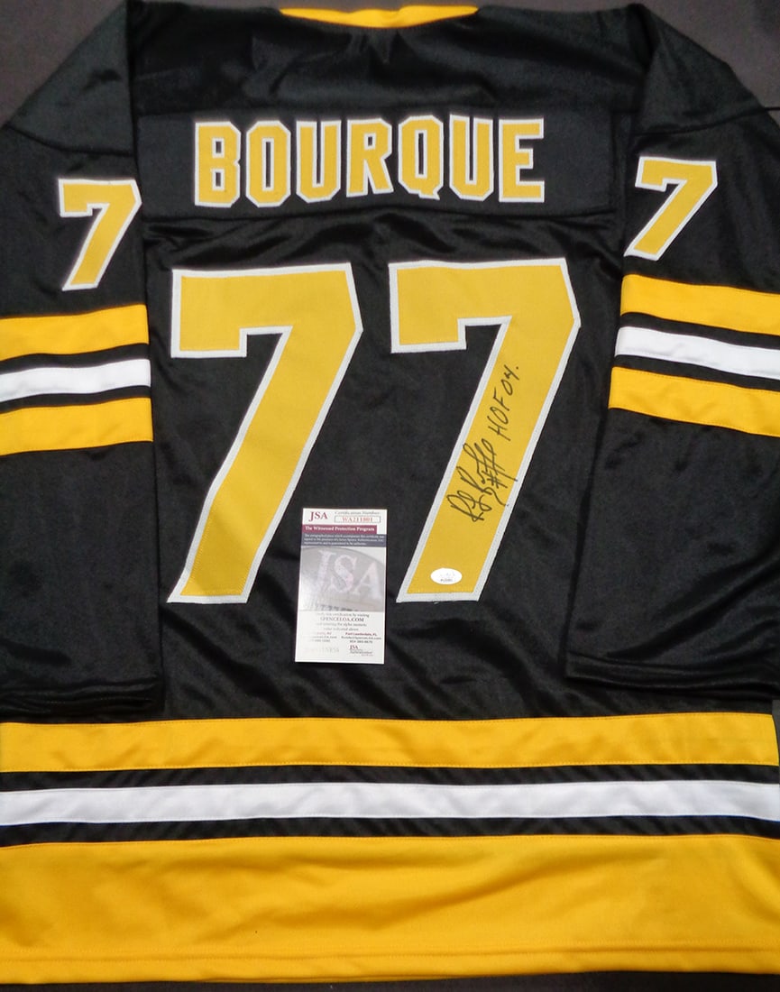 Ray Bourque Boston Bruins Autographed & Insc Custom Hockey Jersey coa: Ray Bourque Boston Bruins Autographed & Inscribed "HOF 04" Custom Hockey Jersey JSA Witnessed coa - JERSEY SIZE EXTRA LARGE - CUSTOM JERSEY MEANS NO LOGOS, NO TEAM NAMES, & NO BRAND NAMES