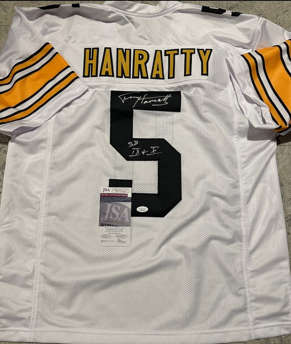 Terry Hanratty Pittsburgh Steelers Autographed & Insc Custom Football Jersey coa: Terry Hanratty Pittsburgh Steelers Autographed & Inscribed "SB IX & X" Custom Football Style Jersey JSA Witnessed coa - Autograph Location & coa # may vary JERSEY SIZE EXTRA LARGE - CUSTOM JERSEY MEAN