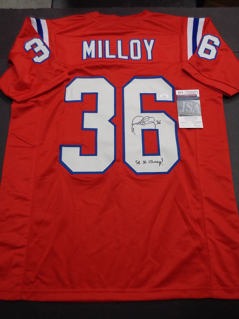 Lawyer Malloy New England Patriots Autographed Custom Football Jersey coa: Lawyer Malloy New England Patriots Autographed Custom Football Style Jersey JSA Witnessed coa - Autograph Location & coa # may vary JERSEY SIZE EXTRA LARGE - CUSTOM JERSEY MEANS NO LOGOS, NO TEAM NAME