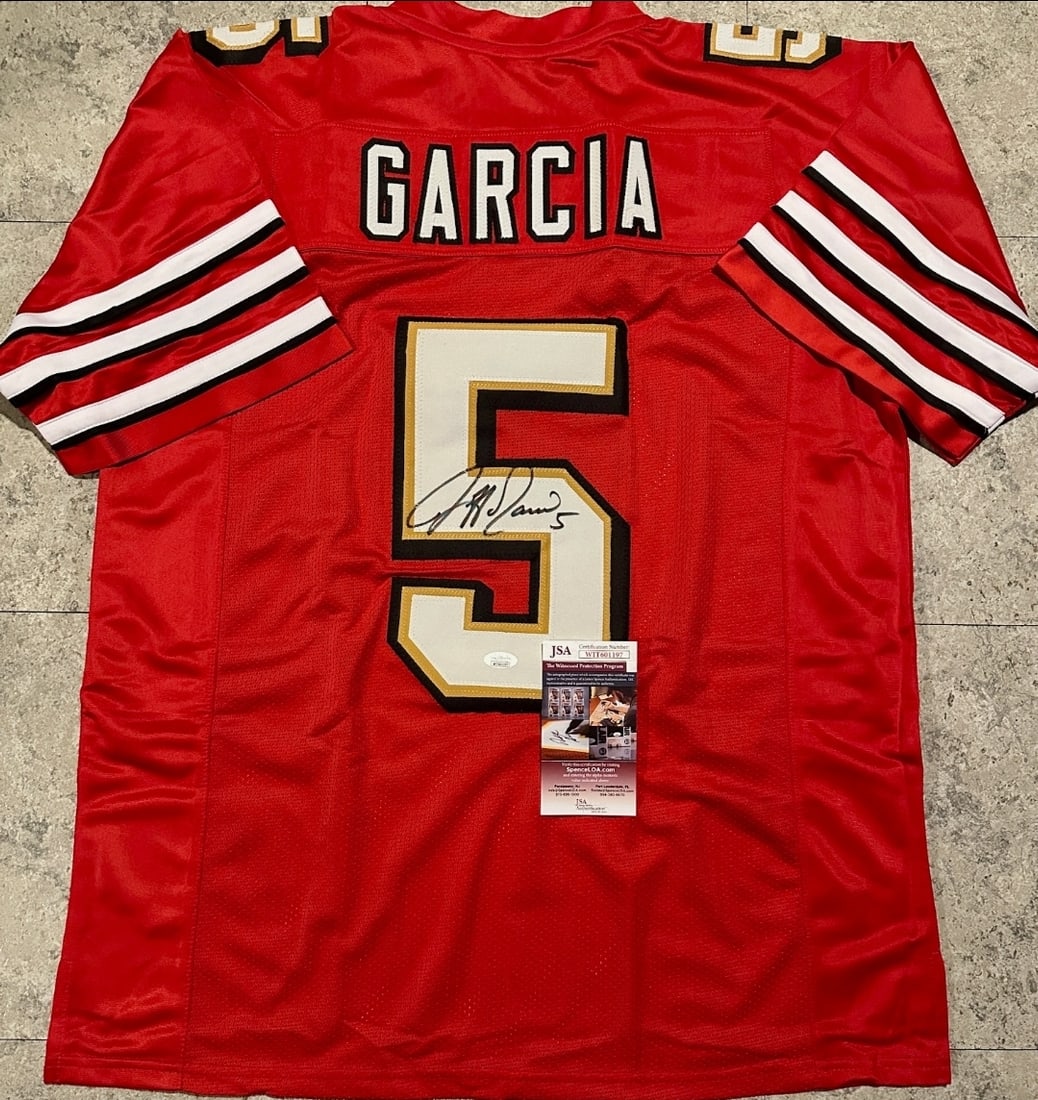 Jeff Garcia San Francisco 49ers Autographed Custom Football Jersey coa: Jeff Garcia San Francisco 49ers Autographed Custom Football Jersey JSA Witnessed coa - JERSEY SIZE EXTRA LARGE - CUSTOM JERSEY MEANS NO LOGOS, NO TEAM NAMES, & NO BRAND NAMES