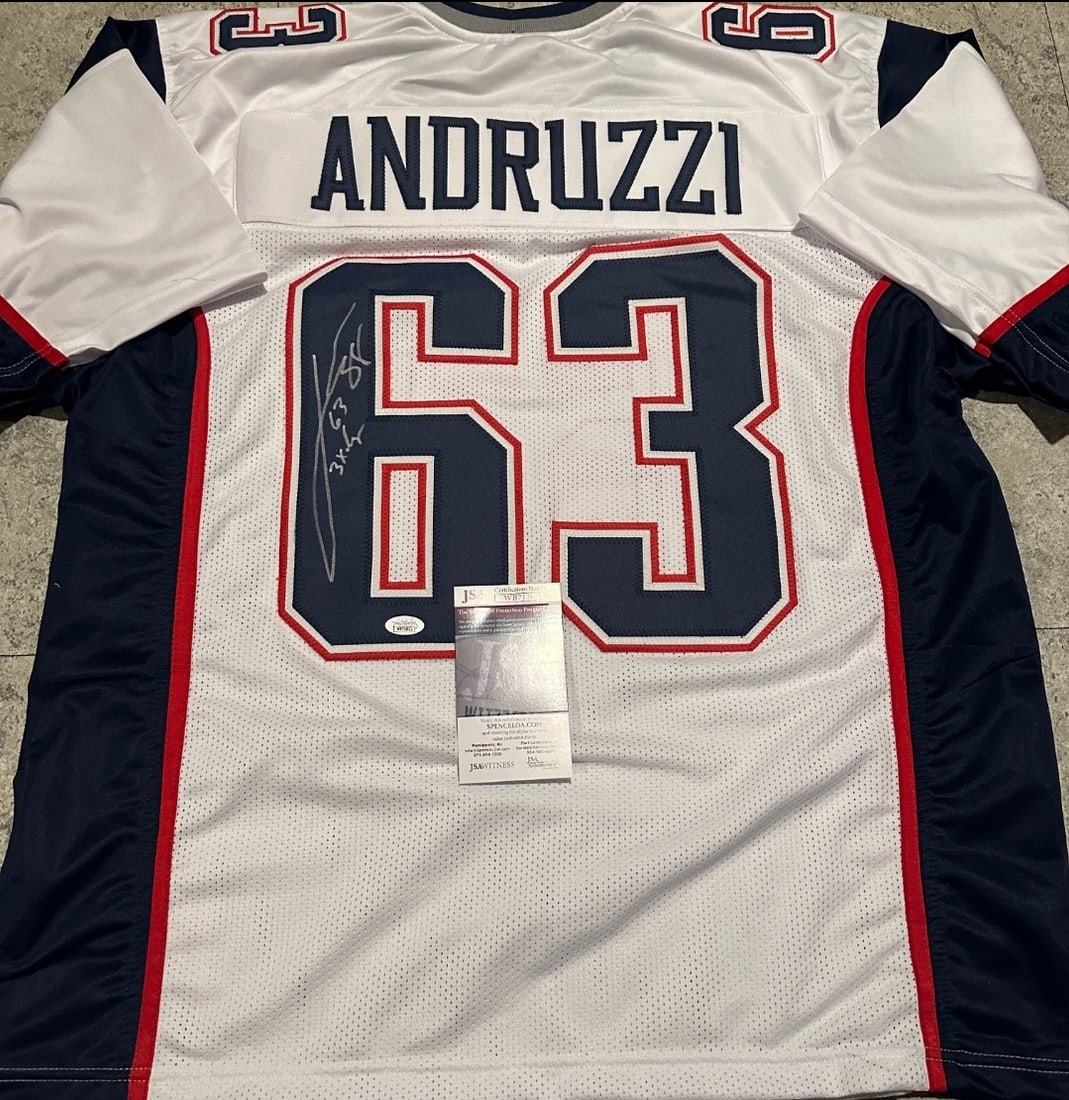 Joe Andruzzi New England Patriots Autographed Custom Football Jersey coa: Joe Andruzzi New England Patriots Autographed Football Style Jersey JSA Witnessed coa - JERSEY SIZE EXTRA LARGE - CUSTOM JERSEY MEANS NO LOGOS, NO TEAM NAMES, & NO BRAND NAMES