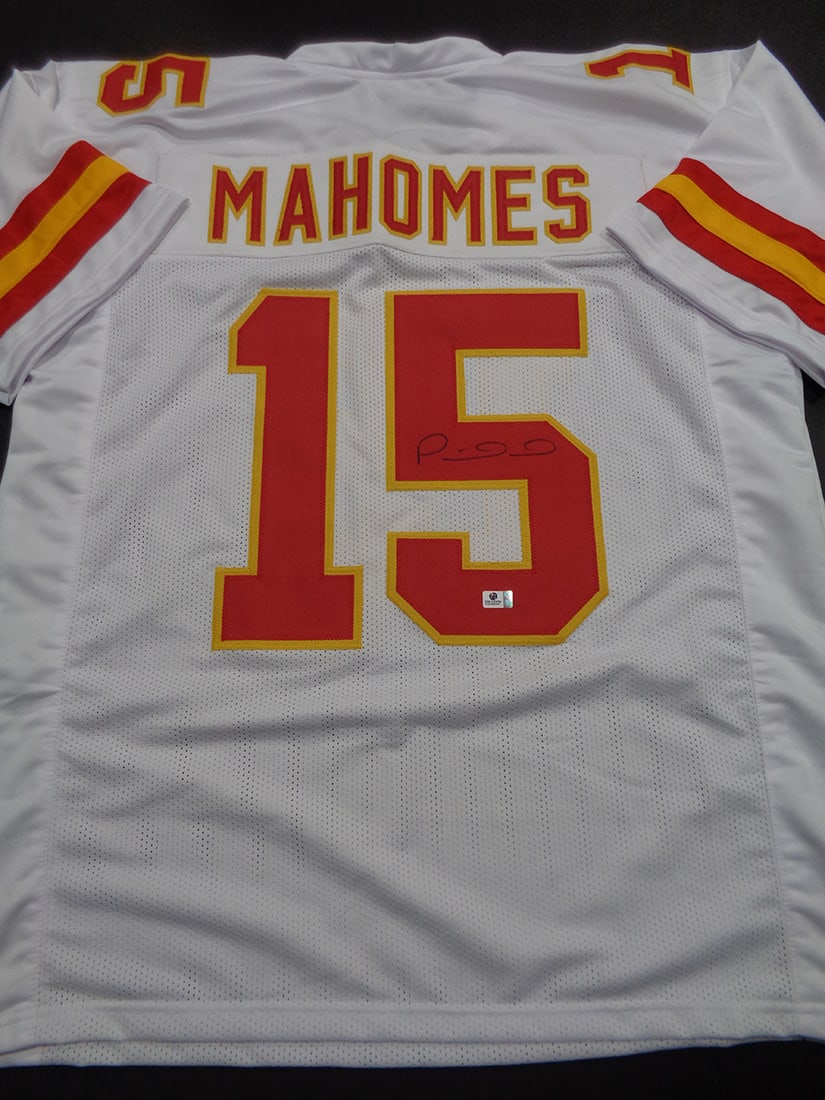 Patrick Mahomes Kansas City Chiefs Autographed Custom Football Jersey coa: Patrick Mahomes Kansas City Chiefs Autographed Custom Football Jersey GA coa - Autograph Location & coa # may vary JERSEY SIZE EXTRA LARGE - CUSTOM JERSEY MEANS NO LOGOS, NO TEAM NAMES, & NO BRAND NAM