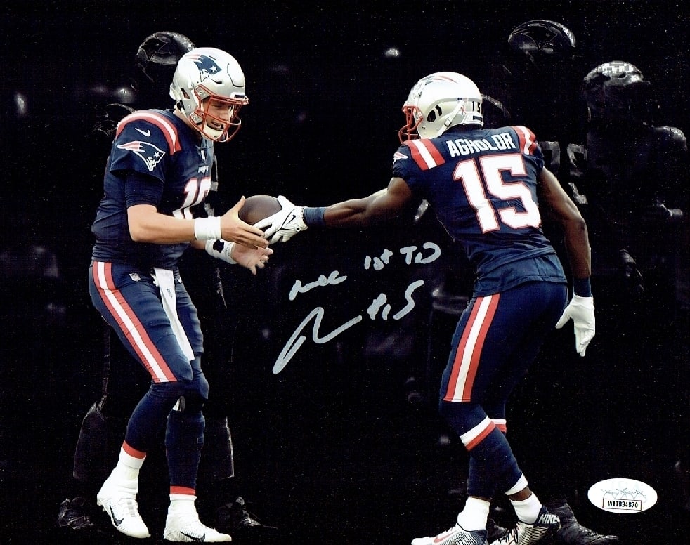 Nelson Agholor New England Patriots Autographed & Inscribed 8x10 Photo coa: Nelson Agholor New England Patriots Autographed & Inscribed "Mac 1st TD" 8x10 Photo JSA Witnessed coa - Autograph Location & coa # may vary