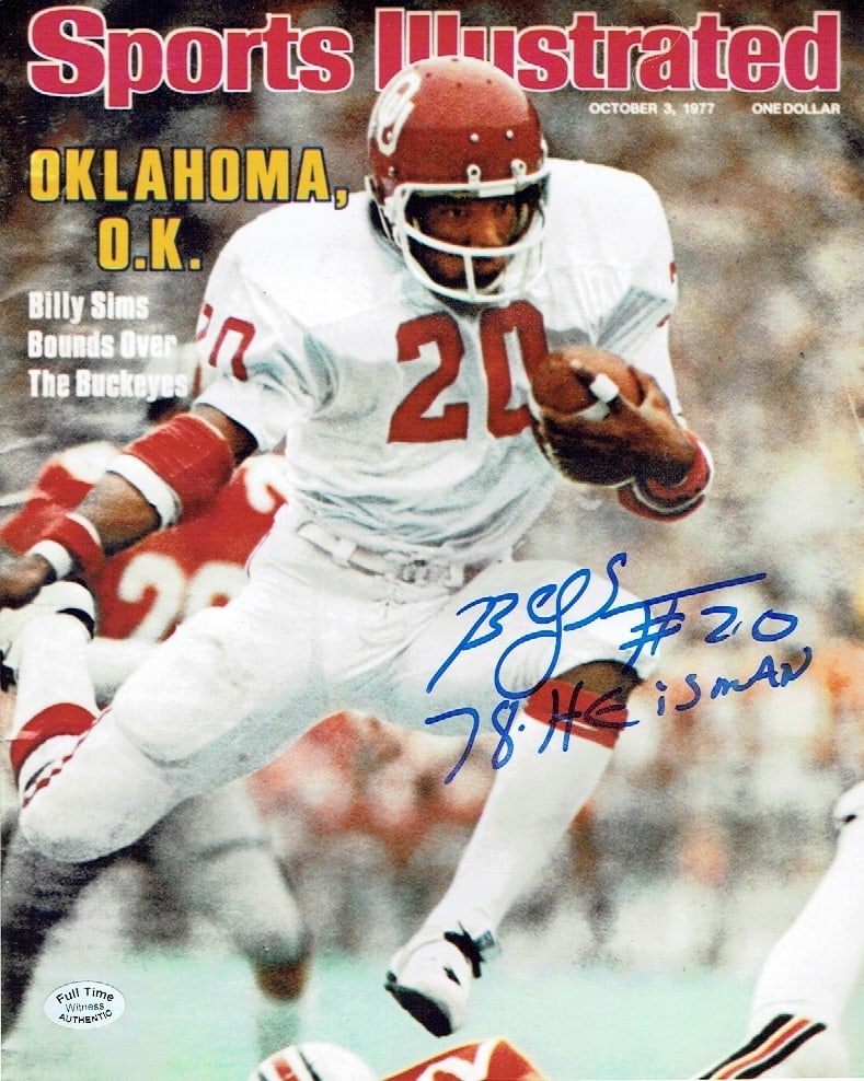 Billy Sims Oklahoma Sooners Autographed & Ins 8x10 SI cover Photo coa: Billy Sims Oklahoma Sooners Autographed & Inscribed "78 HEISMAN" 8x10 SI cover Photo Full Time Authentics coa - Autograph Location may vary