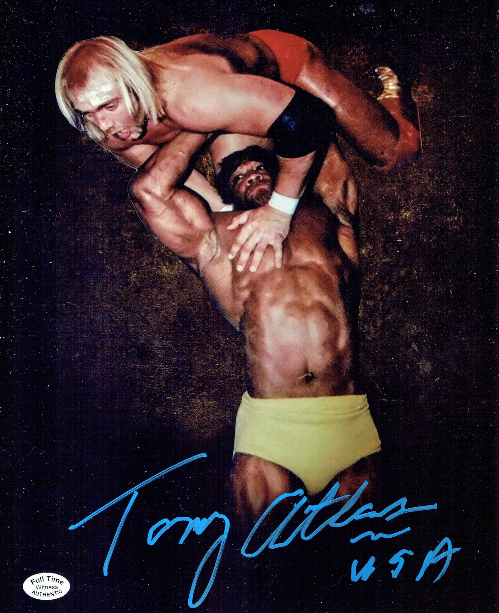 Tony Atlas WWE/WWF Autographed 8x10 Powerslamming Hogan Photo coa: Tony Atlas WWE/WWF Autographed 8x10 Powerslamming Hogan 8x10 Photo Full Time Authentics coa - Autograph Location may vary 