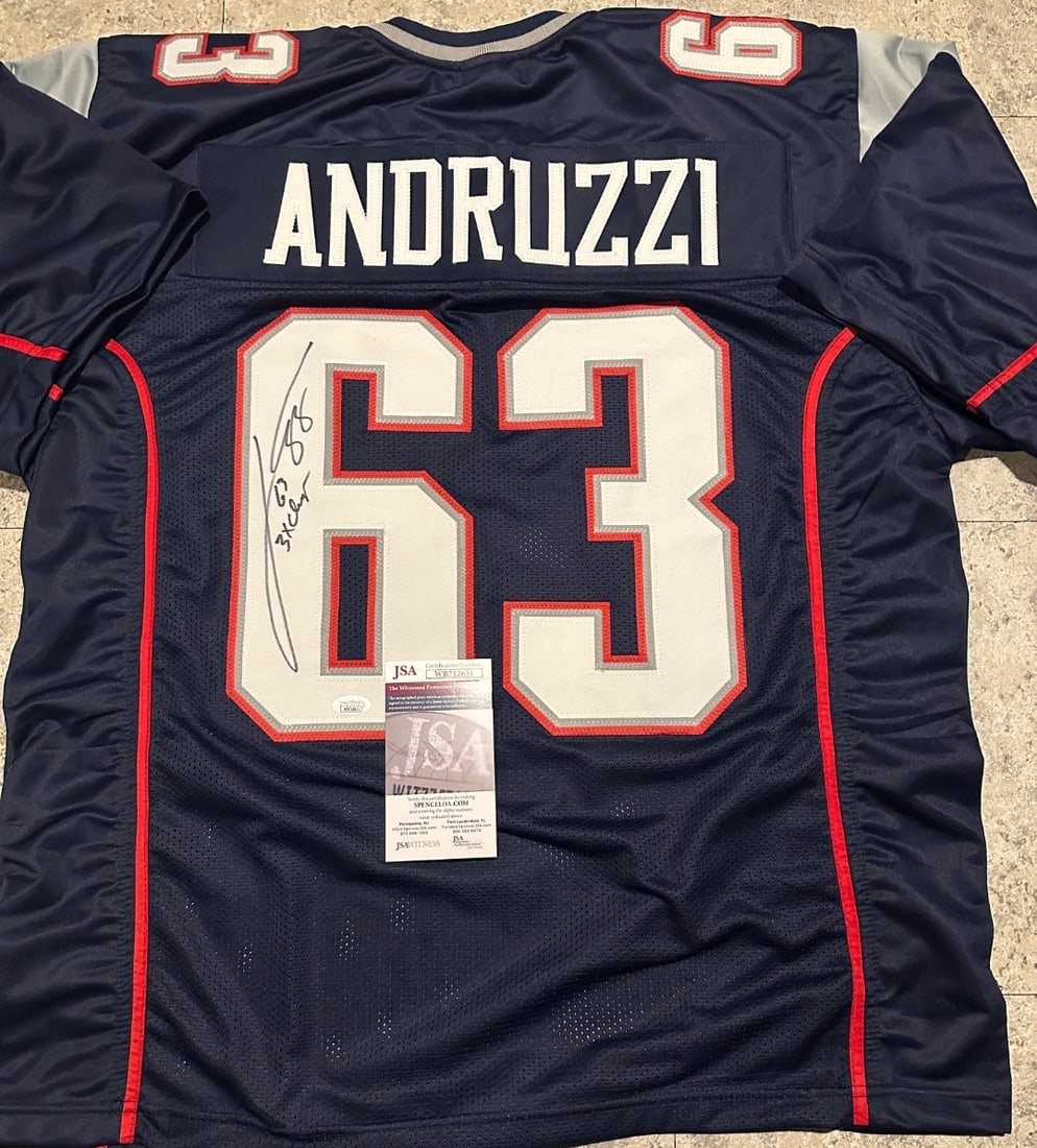 Joe Andruzzi New England Patriots Autographed Custom Football Jersey JSA coa: Joe Andruzzi New England Patriots Autographed Football Style Jersey JSA Witnessed coa - JERSEY SIZE EXTRA LARGE - CUSTOM JERSEY MEANS NO LOGOS, NO TEAM NAMES, & NO BRAND NAMES 