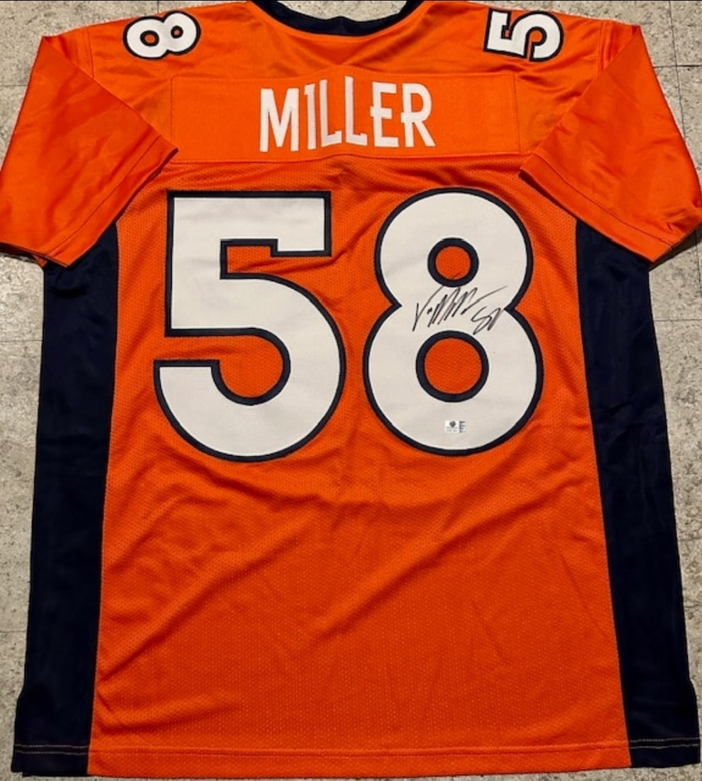 Von Miller Denver Broncos Autographed Custom Football Jersey coa: Von Miller Denver Broncos Patriots Autographed Custom Football Jersey GA coa - Autograph Location & coa # may vary JERSEY SIZE EXTRA LARGE - CUSTOM JERSEY MEANS NO LOGOS, NO TEAM NAMES, & NO BRAND