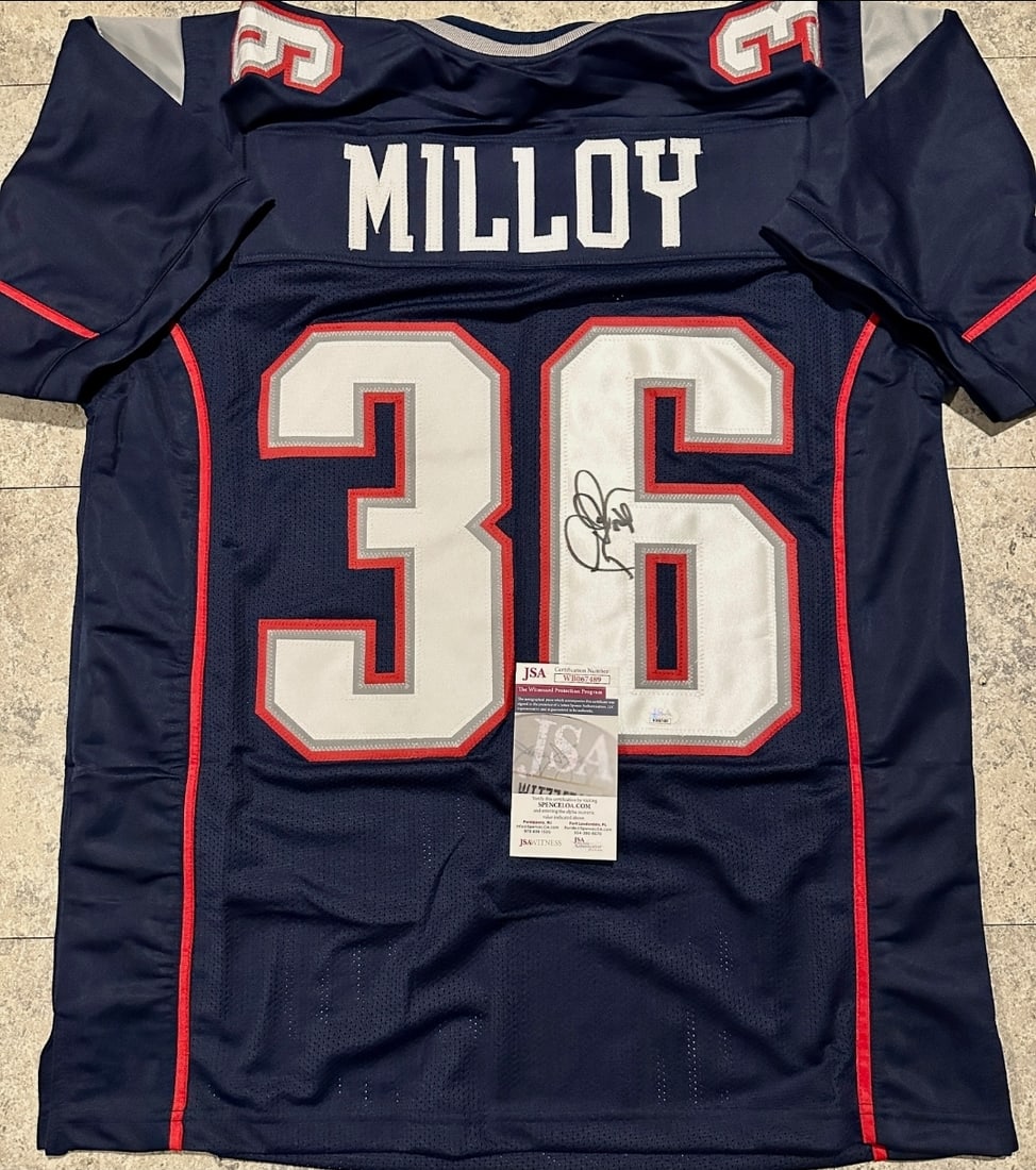 Lawyer Malloy New England Patriots Autographed Custom Football Jersey JSA coa: Lawyer Malloy New England Patriots Autographed Football Style Jersey JSA Witnessed coa - JERSEY SIZE EXTRA LARGE - CUSTOM JERSEY MEANS NO LOGOS, NO TEAM NAMES, & NO BRAND NAMES