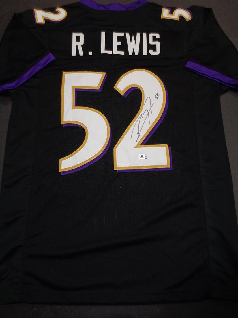 Ray Lewis Baltimore Ravens Autographed Custom Football Jersey coa: Ray Lewis Baltimore Ravens Autographed Custom Football Football Jersey GA coa - Autograph Location & coa # may vary JERSEY SIZE EXTRA LARGE - CUSTOM JERSEY MEANS NO LOGOS, NO TEAM NAMES, & NO BRAND NA