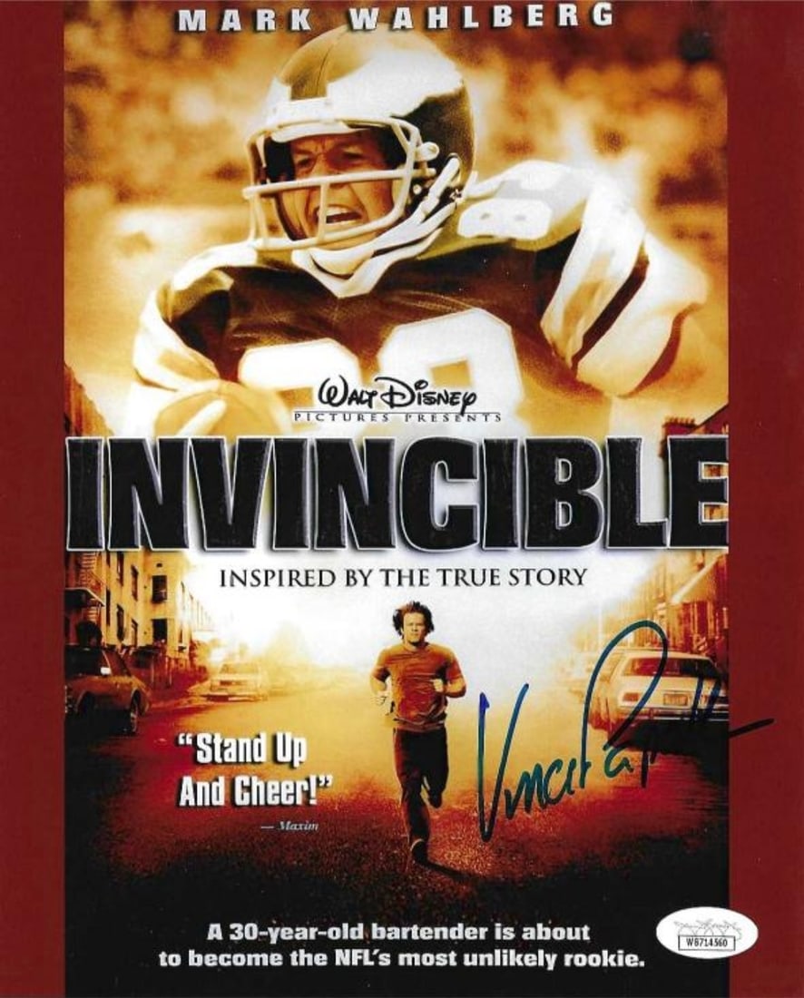 Vince Papale Philadelphia Eagles Autographed 8x10 Photo JSA coa: Vince Papale Philadelphia Eagles Autographed 8x10 DVD Cover Photo JSA Witnessed coa - Autograph Location & coa # may vary