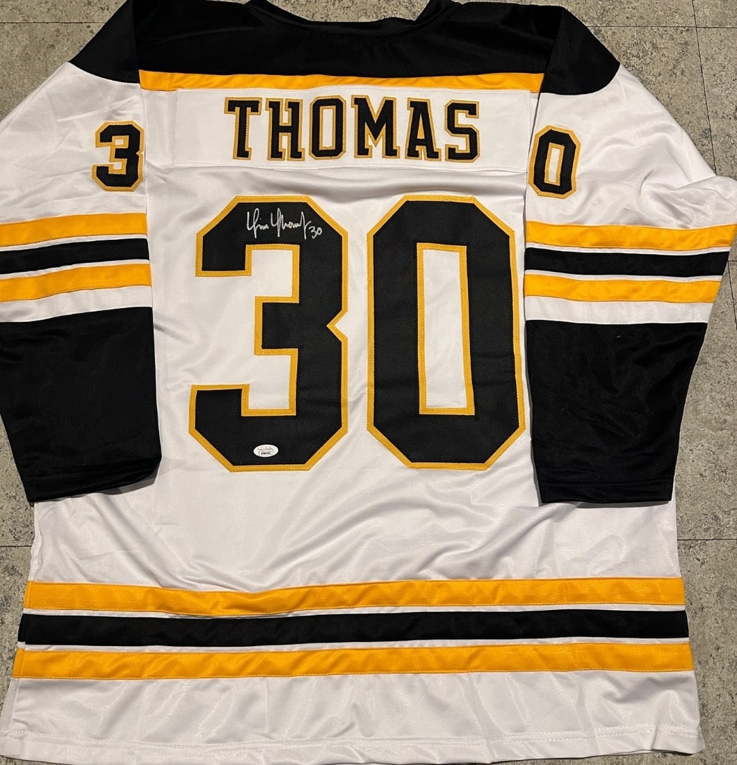 Tim Thomas Boston Bruins Autographed Custom Hockey Jersey JSA coa: Tim Thomas Boston Bruins Autographed Custom Hockey Jersey JSA Witnessed coa - Autograph Location & coa # may vary JERSEY SIZE EXTRA LARGE - CUSTOM JERSEY MEANS NO LOGOS, NO TEAM NAMES, & NO BRAND NAME