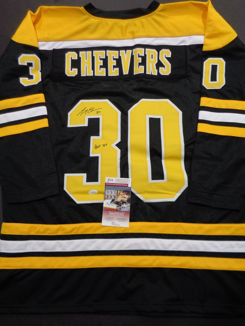 Gerry Cheevers Boston Bruins Autographed & Insc Custom Hockey Jersey JSA coa: Gerry Cheevers Boston Bruins Autographed & Inscribed "HOF 85" Custom Hockey Style Jersey w/JSA Witnessed coa - Autograph Location & coa # may vary JERSEY SIZE EXTRA LARGE - CUSTOM JERSEY MEANS NO