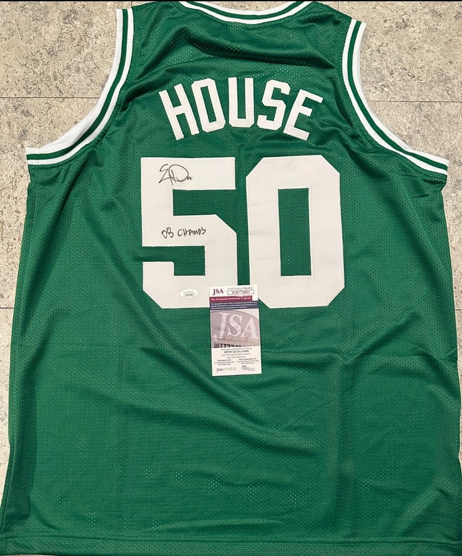 Eddie House Boston Celtics Autographed & Insc Custom Basketball Jersey JSA coa: Eddie House Boston Celtics Autographed & Inscribed Custom Basketball Style Jersey JSA W coa - Autograph Location & coa # may vary JERSEY SIZE EXTRA LARGE - CUSTOM JERSEY MEANS NO LOGOS, NO TEAM NAMES,