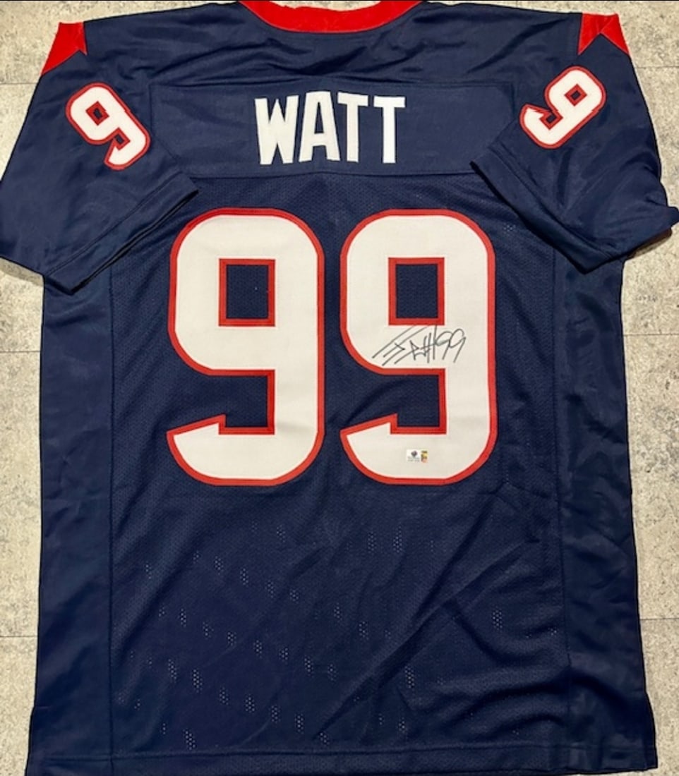 J.J. Watt Houston Texans Autographed Custom Football Jersey coa: J.J. Watt Houston Texans Autographed Custom Football Jersey GA coa - Autograph Location & coa # may vary JERSEY SIZE EXTRA LARGE - CUSTOM JERSEY MEANS NO LOGOS, NO TEAM NAMES, & NO BRAND NAMES 