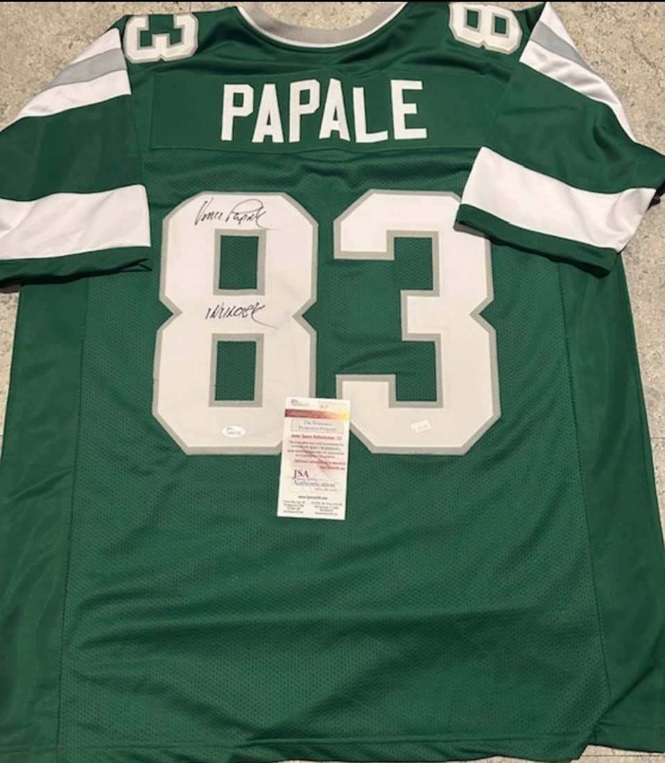 Vince Papale Philadelphia Eagles Autographed & Ins Custom Football Jersey JSA coa: Vince Papale Philadelphia Eagles Autographed & Inscribed 'INVINCIBLE' Custom Football Jersey JSA Witnessed coa - JERSEY SIZE EXTRA LARGE - CUSTOM JERSEY MEANS NO LOGOS, NO TEAM NAMES, & NO BRAND