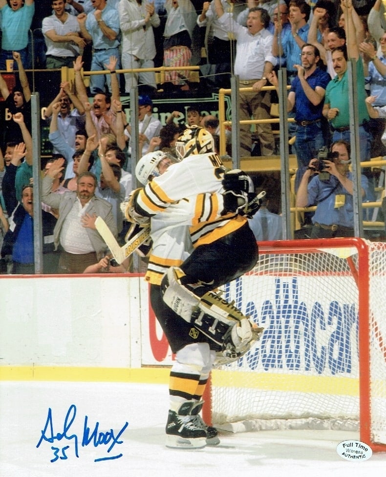 Andy Moog Boston Bruins Autographed 8x10 Photo coa: Andy Moog Boston Bruins Autographed 8x10 Photo w/Full Time Authentics coa - Autograph Location may vary 