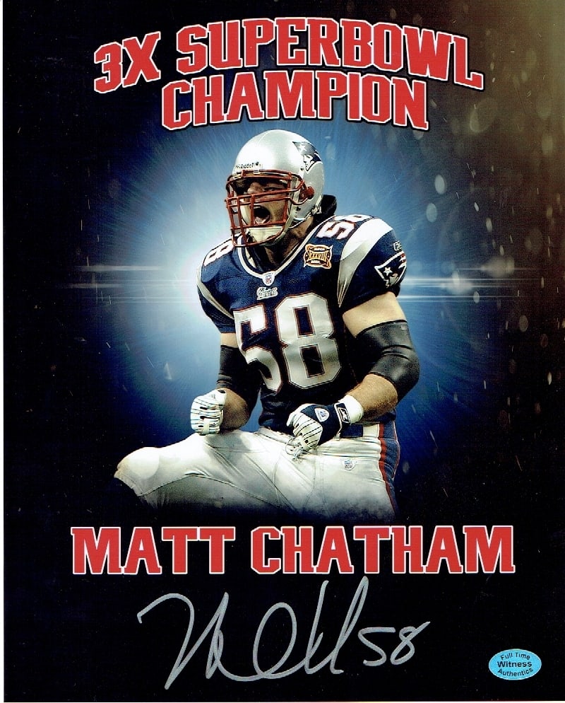 Matt Chatham New England Patriots Autographed 8x10 Photo coa: Matt Chatham New England Patriots Autographed 8x10 Photo w/Full Time Authentics coa - Autograph Location may vary 