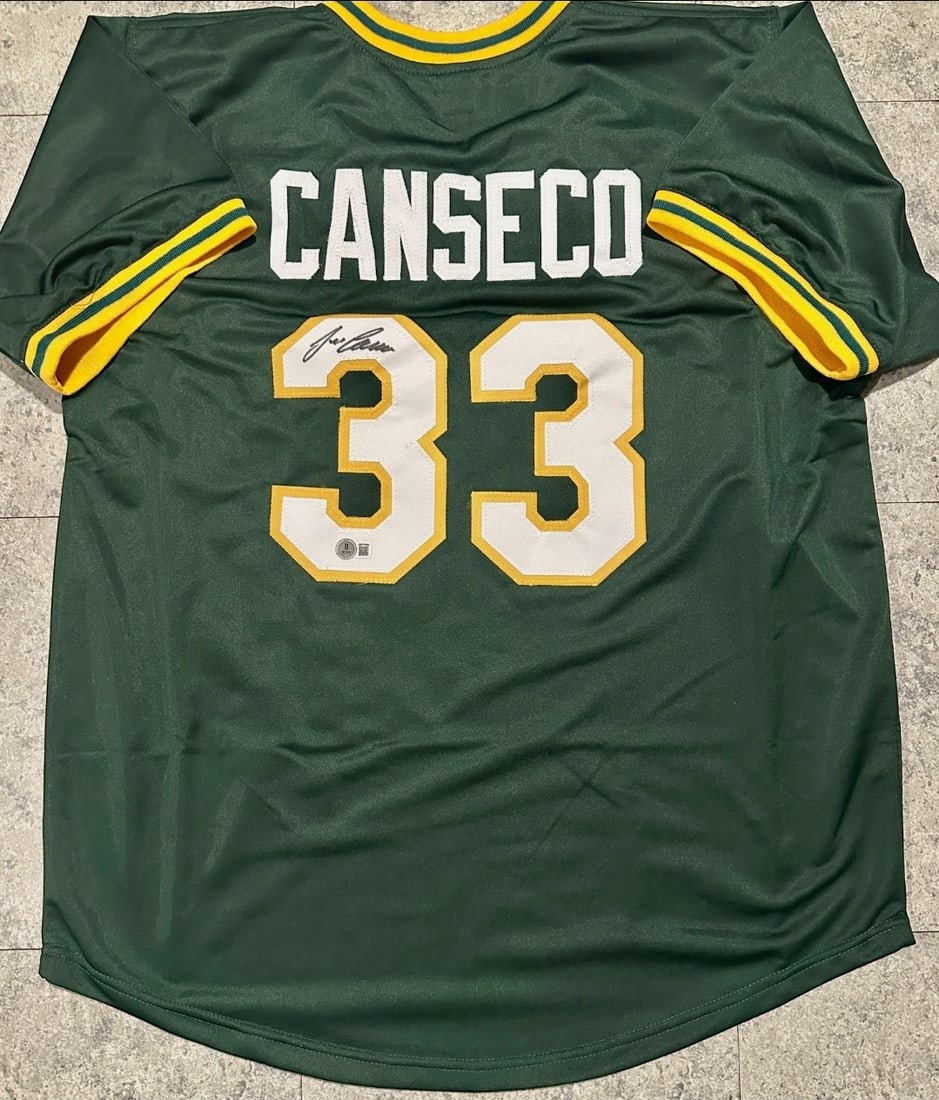 Jose Canseco Oakland A's Autographed Custom Green Baseball Jersey Beckett Hologram: Jose Canseco Oakland A's Autographed Custom Green Baseball Jersey Beckett Witnessed QR Code Hologram - THIS DOES NOT COME WITH A COA CARD! SCAN QR CODE TO VERIFY AUTHENTICITY! Autograph Location &