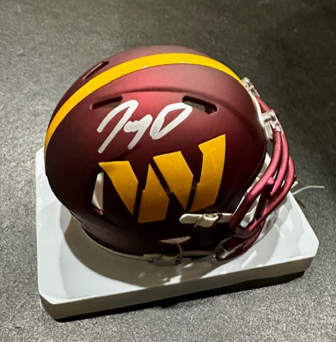 Jayden Daniels Washington Commanders Autographed Riddell 25 On-Field Alt Mini-Helmet coa: Jayden Daniels Washington Commanders Autographed 2025 On-Field Alt Mini-Helmet GA coa - Autograph Location & coa # may vary 