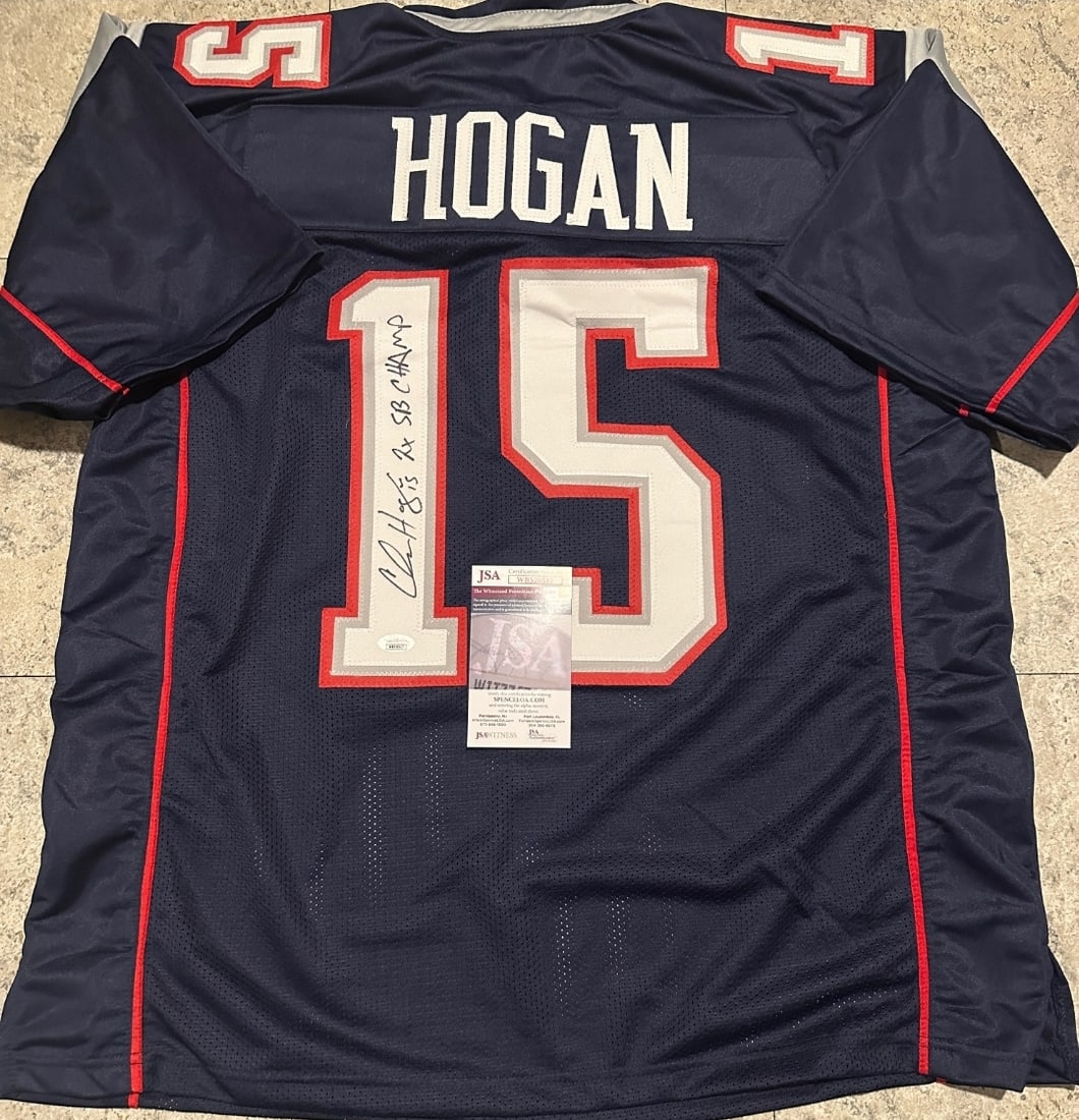 Chris Hogan Signed & Inscribed Custom Blue Patriots Jersey JSA COA: Chris Hogan Signed & Inscribed '2x SB Champ' Custom Blue New England Patriots Jersey JSA COA - - Autograph Location & coa # may vary JERSEY SIZE EXTRA LARGE - CUSTOM JERSEY MEANS NO LOGOS, NO TEAM