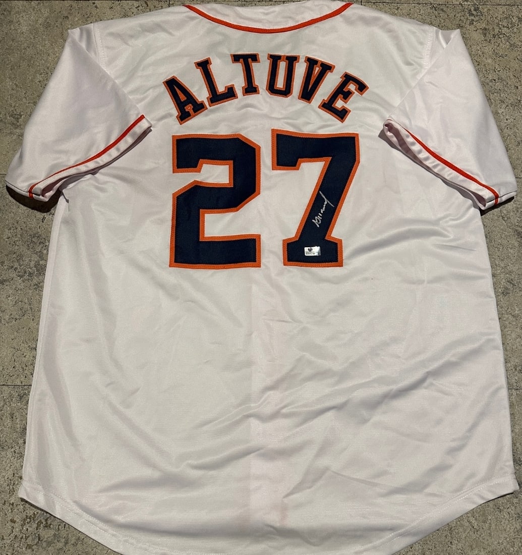 Jose Altuve Houston Astros Autographed Custom Baseball Style Jersey coa: Jose Altuve Houston Astros Autographed Custom Baseball Style Jersey GA coa - Autograph Location & coa # may vary JERSEY SIZE EXTRA LARGE - CUSTOM JERSEY MEANS NO LOGOS, NO TEAM NAMES, & NO BRAND