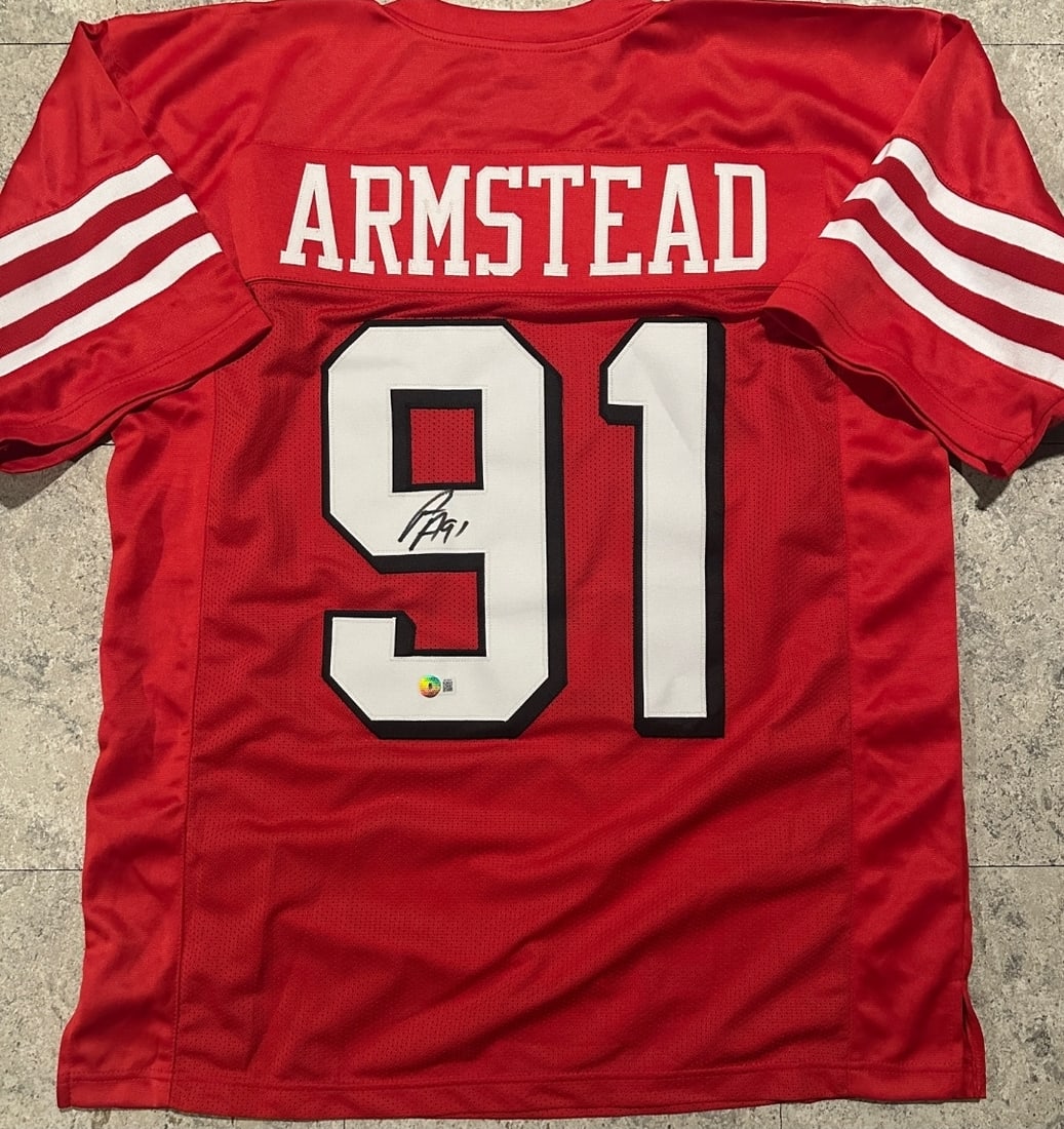 Autographed Arik Armstead 49ers Custom Football Jersey BECKETT HOLOGRAM: Autographed Arik Armstead 49ers Custom Football Jersey with BECKETT QR HOLOGRAM (THERE IS NO COA CARDS WITH QR CODE HOLGRAMS - SCAN QR CODE WITH CAMERA TO VERIFY AUTHENTICITY) - Autograph Location &