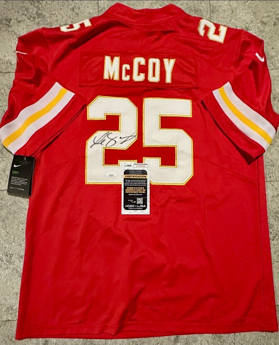 Autographed Lesean McCoy Chiefs Custom Football Jersey JSA COA: Autographed Lesean McCoy Chiefs Custom Football Jersey JSA COA ----- Autograph Location and coa number may vary JERSEY SIZE EXTRA LARGE - CUSTOM JERSEY MEANS NO LOGOS, NO TEAM NAMES, & NO BRAND