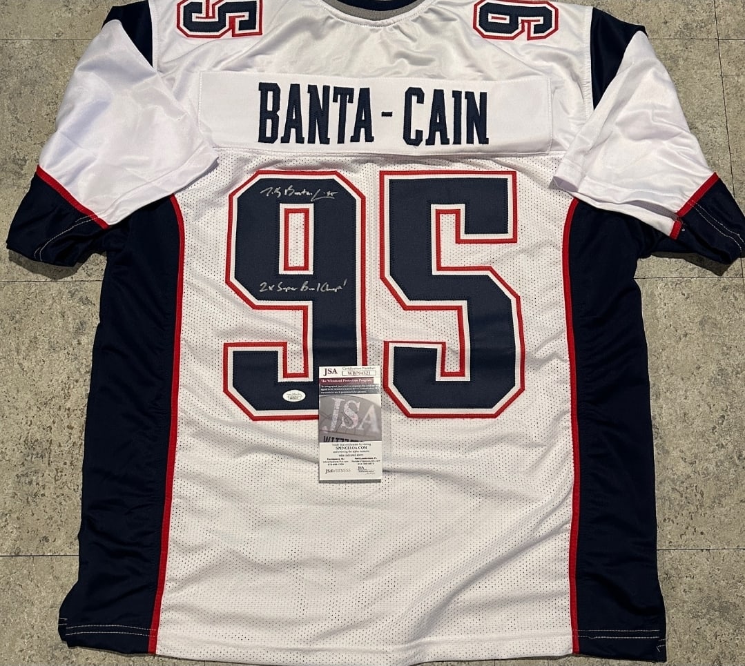 Autographed Tully Banta-Cain Patriots Custom Football Jersey JSA COA: Autographed Tully Banta-Cain Patriots Custom Football Jersey JSA COA ----- Autograph Location and coa number may vary JERSEY SIZE EXTRA LARGE - CUSTOM JERSEY MEANS NO LOGOS, NO TEAM NAMES, & NO
