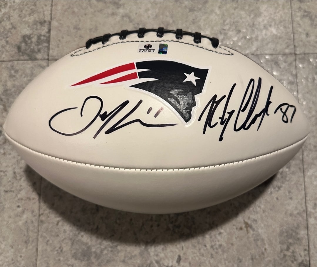 Dual Autographed Julian Edelman & Rob Gronkowski Patriots White Panel Football coa: Julian Edelman & Rob Gronkowski New England Patriots Autographed Patriots White Panel Football GA coa - Autograph Location & coa # may vary 