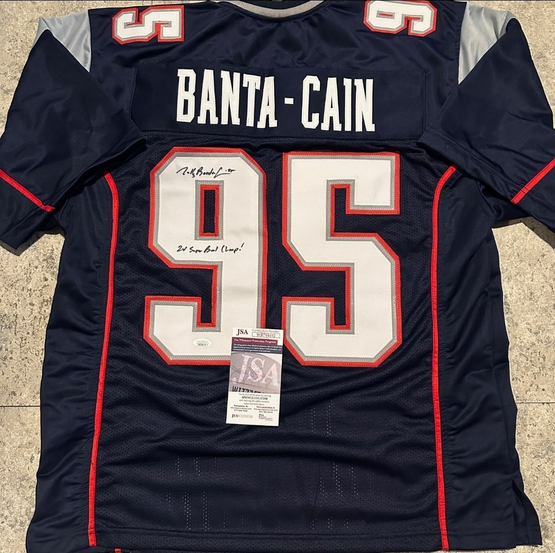 Autographed & Inscribed Tully Banta-Cain New England Patriots Custom Football Jersey JSA COA: Autographed & Inscribed '2x Super Bowl CHAMP' Tully Banta-Cain New England Patriots Custom Football Jersey JSA COA ----- Autograph Location and coa number may vary JERSEY SIZE EXTRA LARGE - CUSTOM