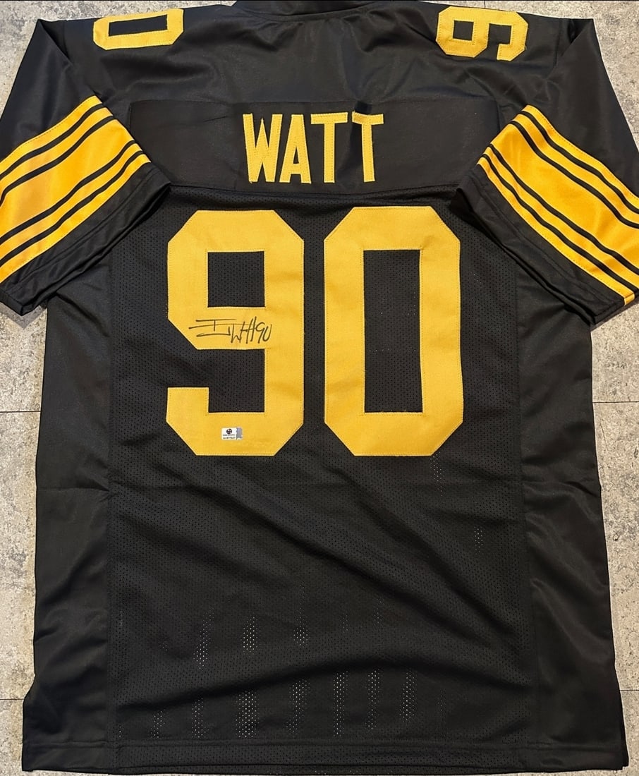 Autographed T.J. Watt Pittsburgh Steelers Custom Football Jersey COA: Autographed T.J. Watt Pittsburgh Steelers Custom Football Jersey GA COA ----- Autograph Location and coa number may vary JERSEY SIZE EXTRA LARGE - CUSTOM JERSEY MEANS NO LOGOS, NO TEAM NAMES, & NO