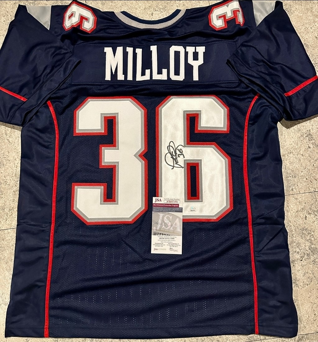 Autographed Lawyer Milloy New England Patriots Custom Football Jersey JSA COA: Autographed Lawyer Milloy New England Patriots Custom Football Jersey JSA COA ----- Autograph Location and coa number may vary JERSEY SIZE EXTRA LARGE - CUSTOM JERSEY MEANS NO LOGOS, NO TEAM NAMES,