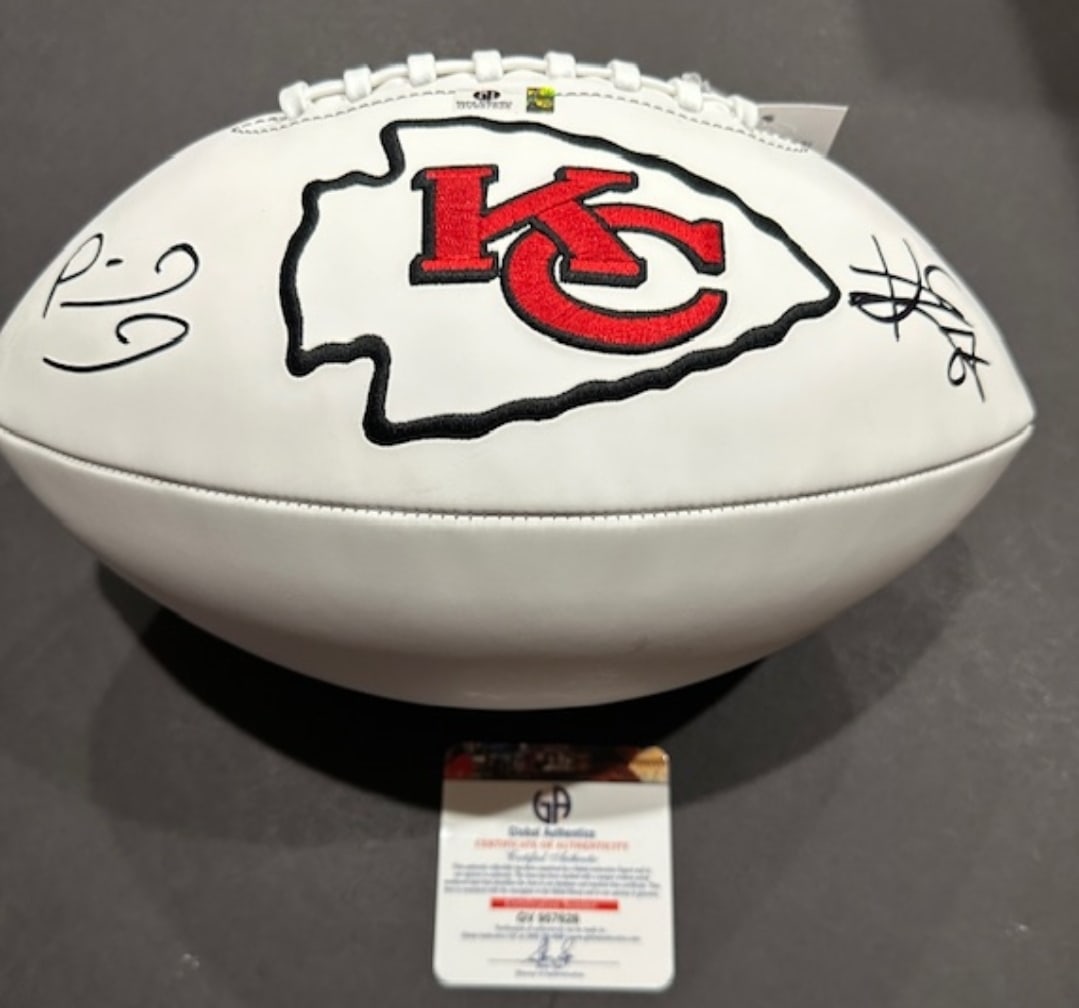 Dual Autographed Patrick Mahomes & Travis Kelce Kansas City Chiefs White Panel Football coa: Dual Autographed Patrick Mahomes & Travis Kelce Kansas City Chiefs Wilson Chiefs White Panel Football GA coa -- Autograph Location & coa # may vary 